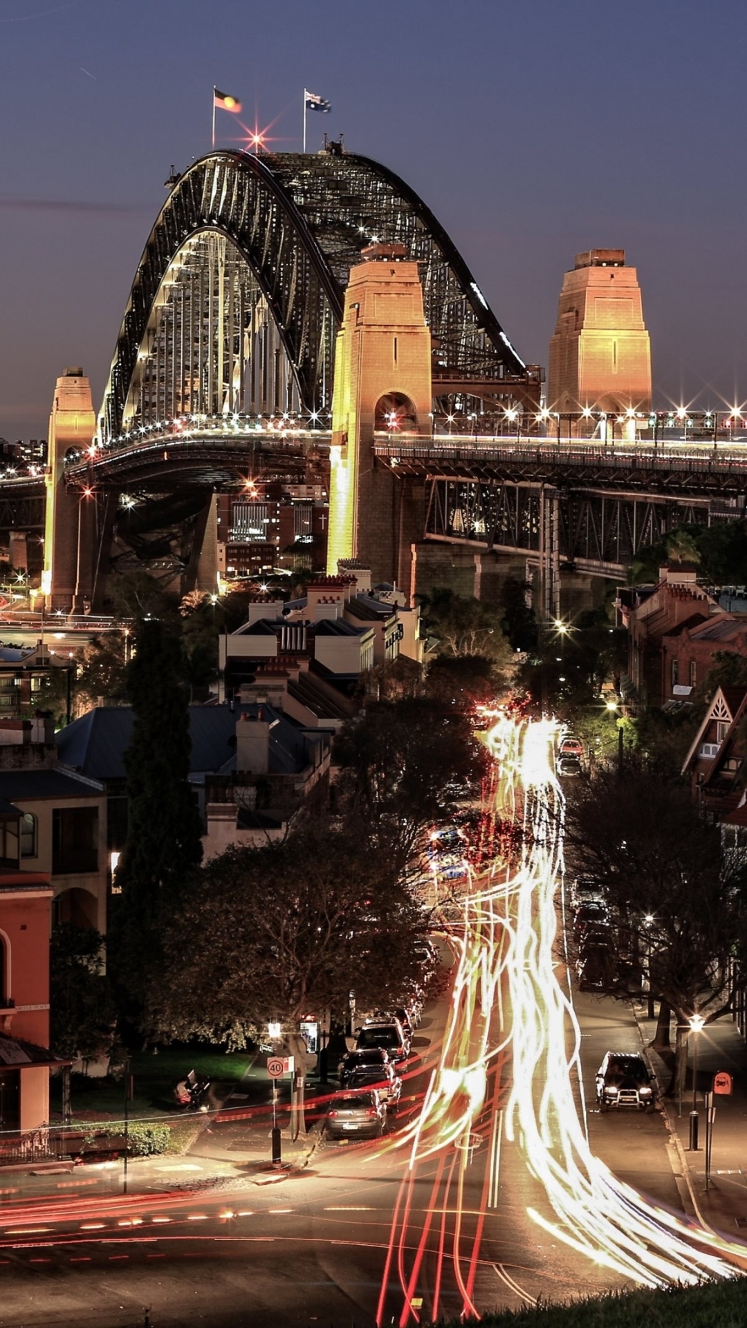 Nachtbrücken-Hintergrundbilder mit der Sydney Harbour Bridge, 1080x1920 Full HD Handy