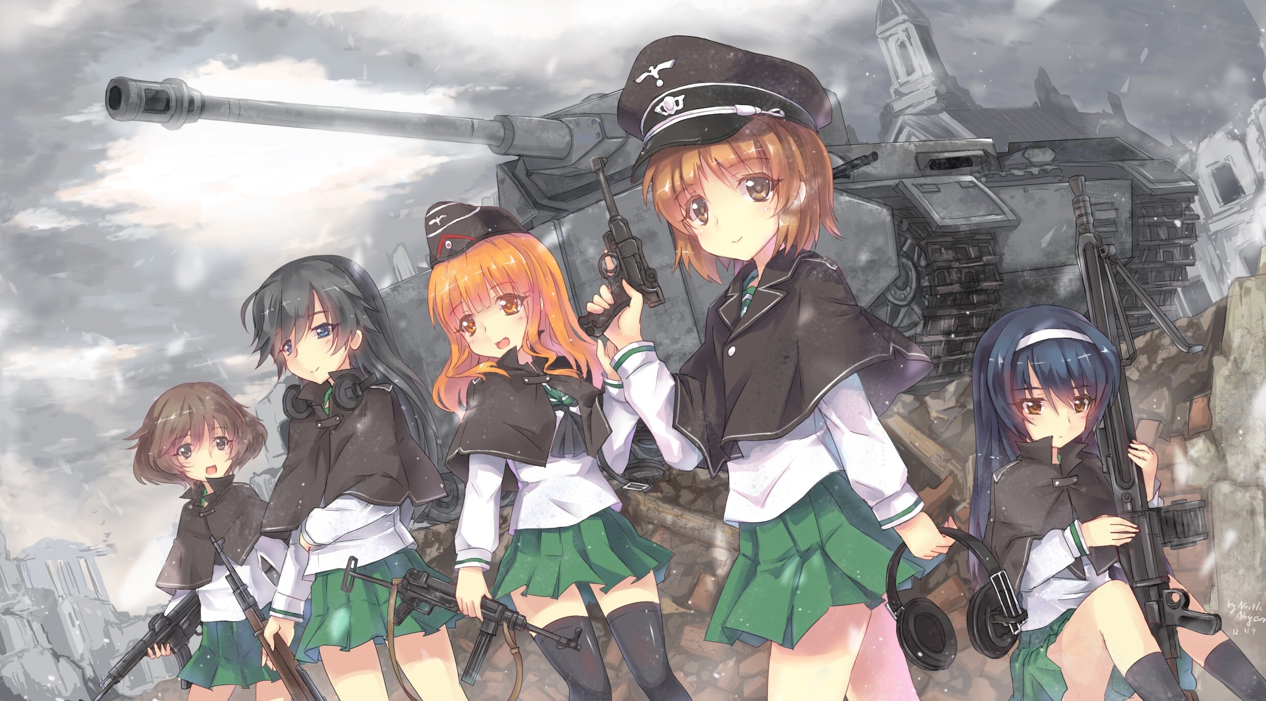 Girls und Panzer: Yukari Akiyama, Saori Takebe, Miho Nishizumi, Mako Reizei, Hana Isuzu, Sensha-do, The art of tank warfare. 2480x1380 HD Background.