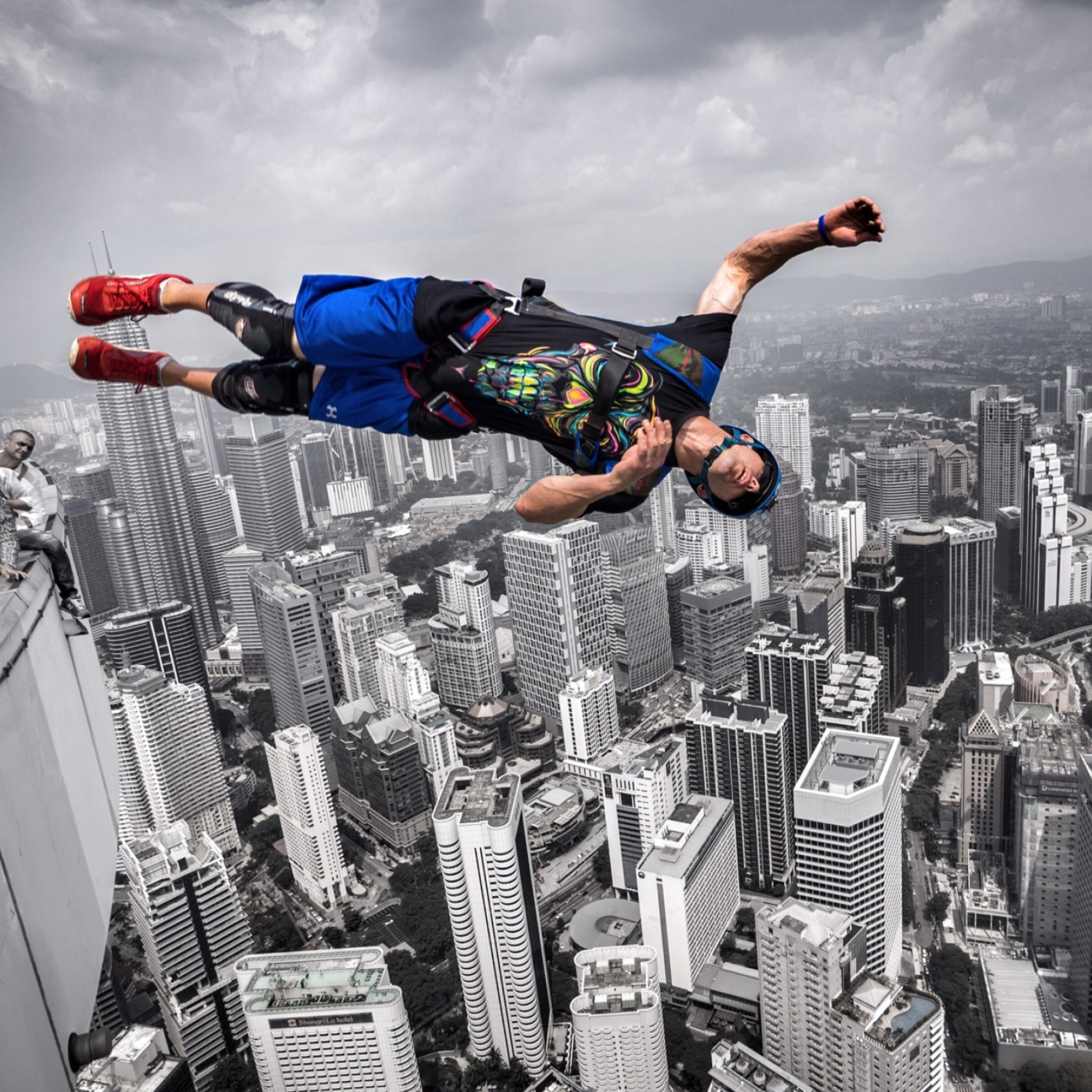 BASE Jumping: Monochrome Sean Chuma, Professional air stunts in Malaysia. 2050x2050 HD Wallpaper.