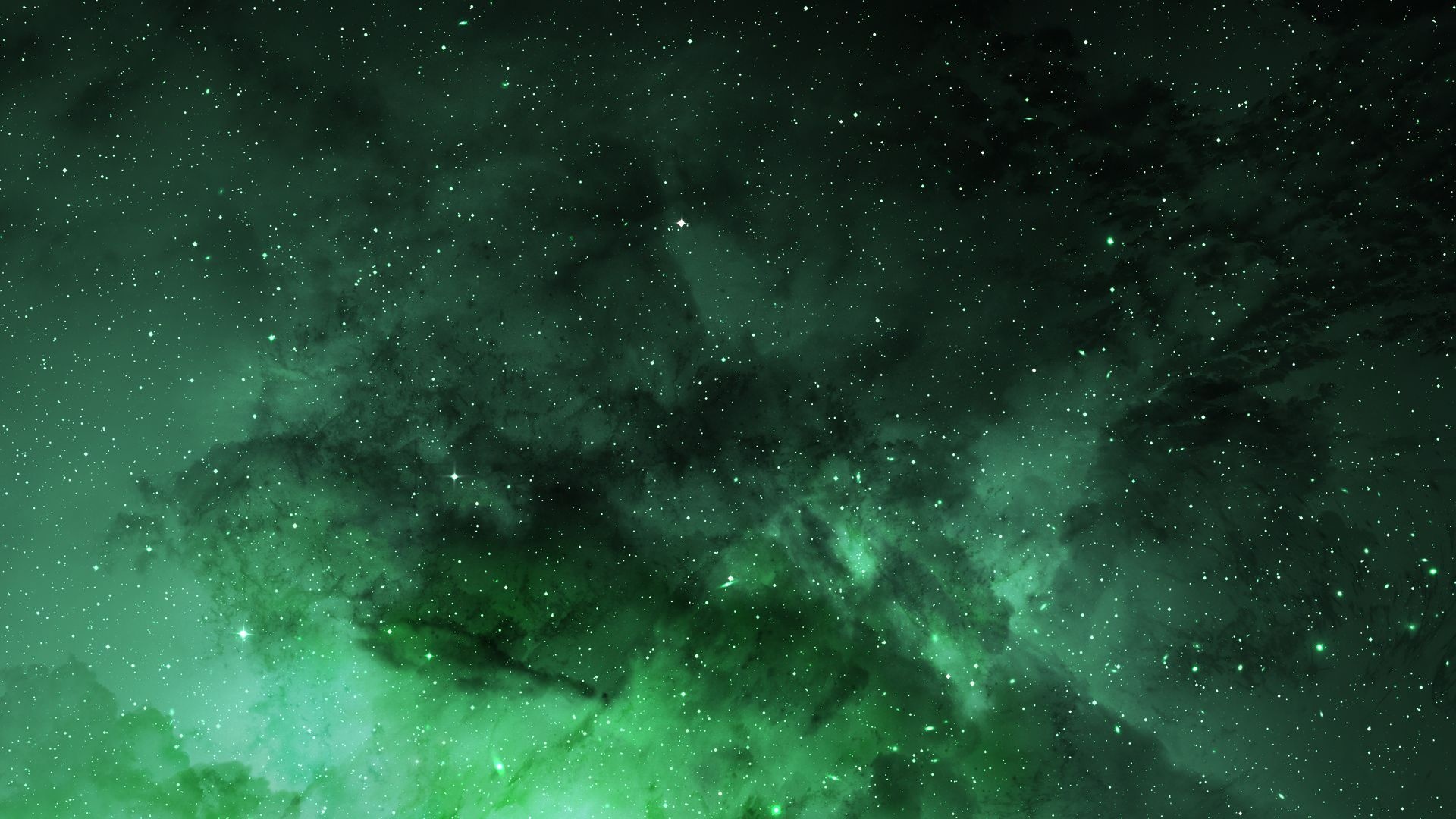 Green Nebula: Emerald green monochrome gas and stars formation in deep space. 1920x1080 Full HD Background.