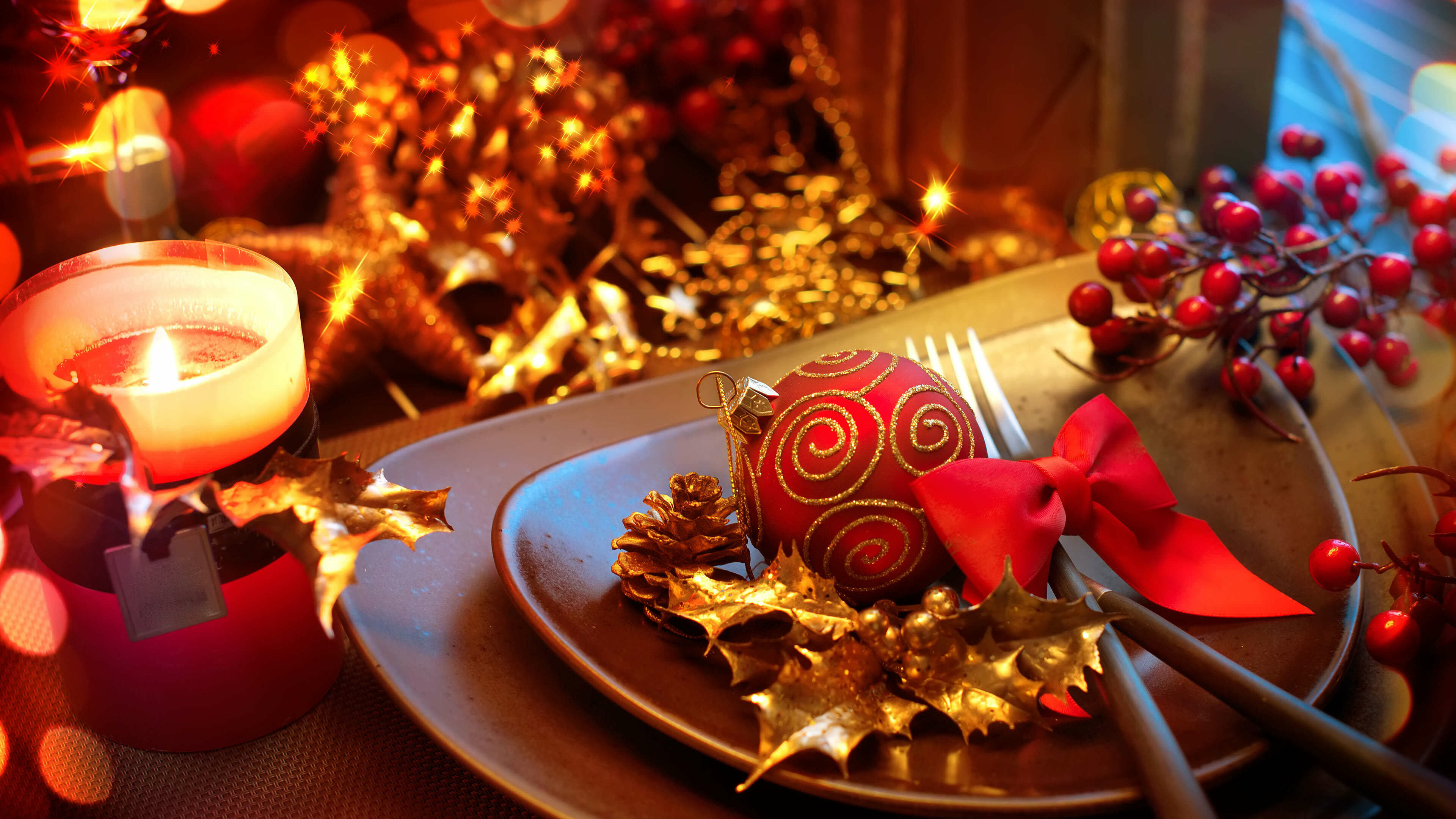 Christmas Ornament: Holiday decorations, Tableware, Candle. 3840x2160 4K Background.