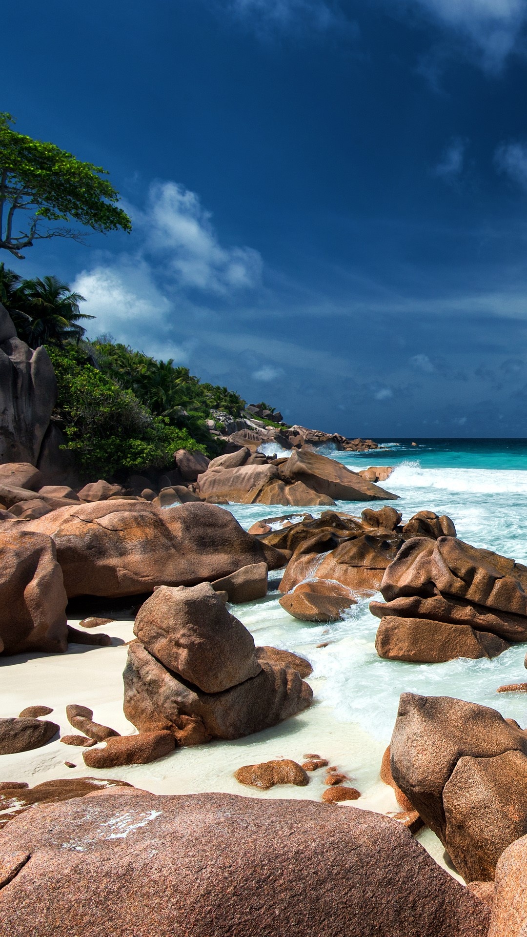 Paradise beach, Seychelles islands, Waves, Granite rocks, 1080x1920 Full HD Handy