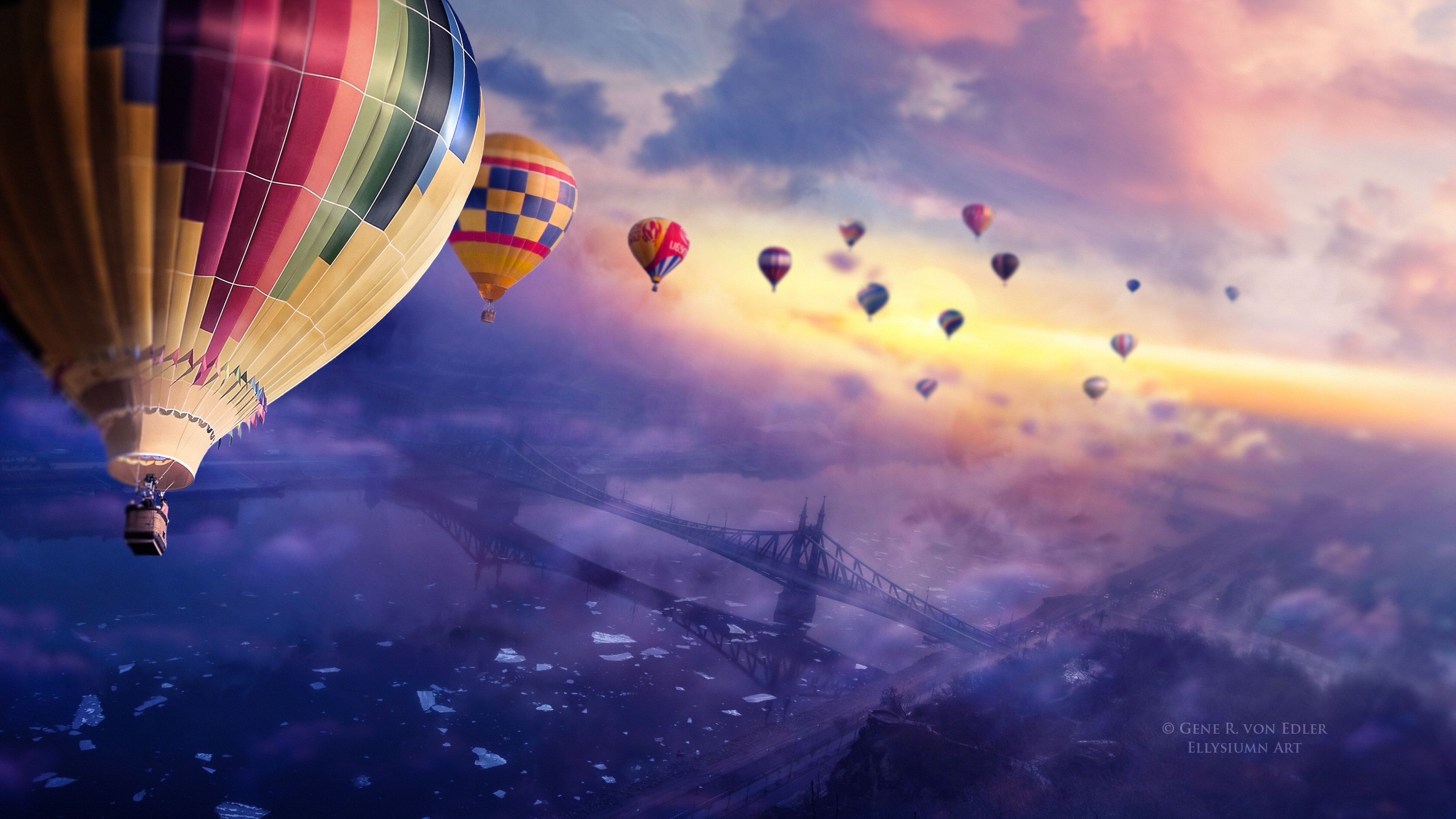 Hot Air Balloon: Artwork, Aerostat, Air Regatta High Above The City. 3270x1840 HD Background.