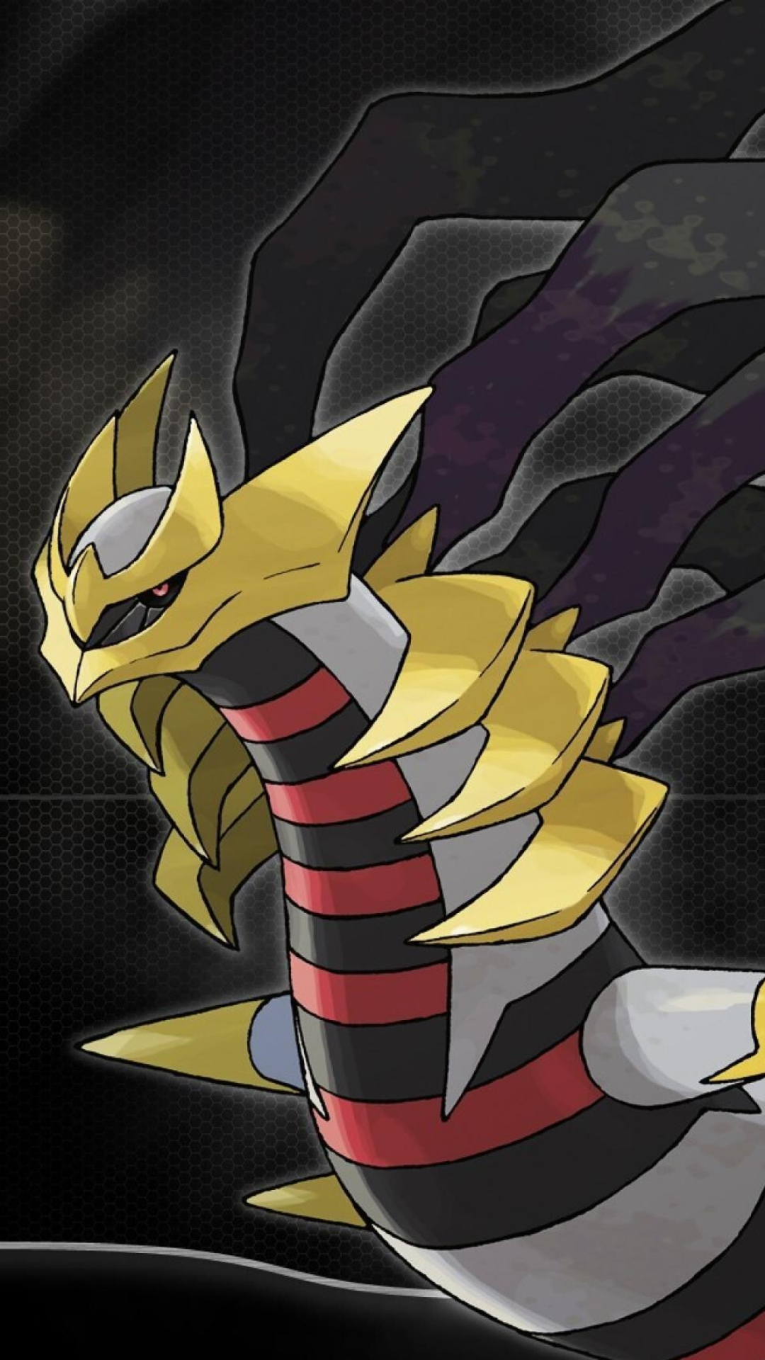 Giratina: Large, gray, draconic Pokemon, Three gold half-rings on each side of its long neck. 1080x1920 Full HD Background.