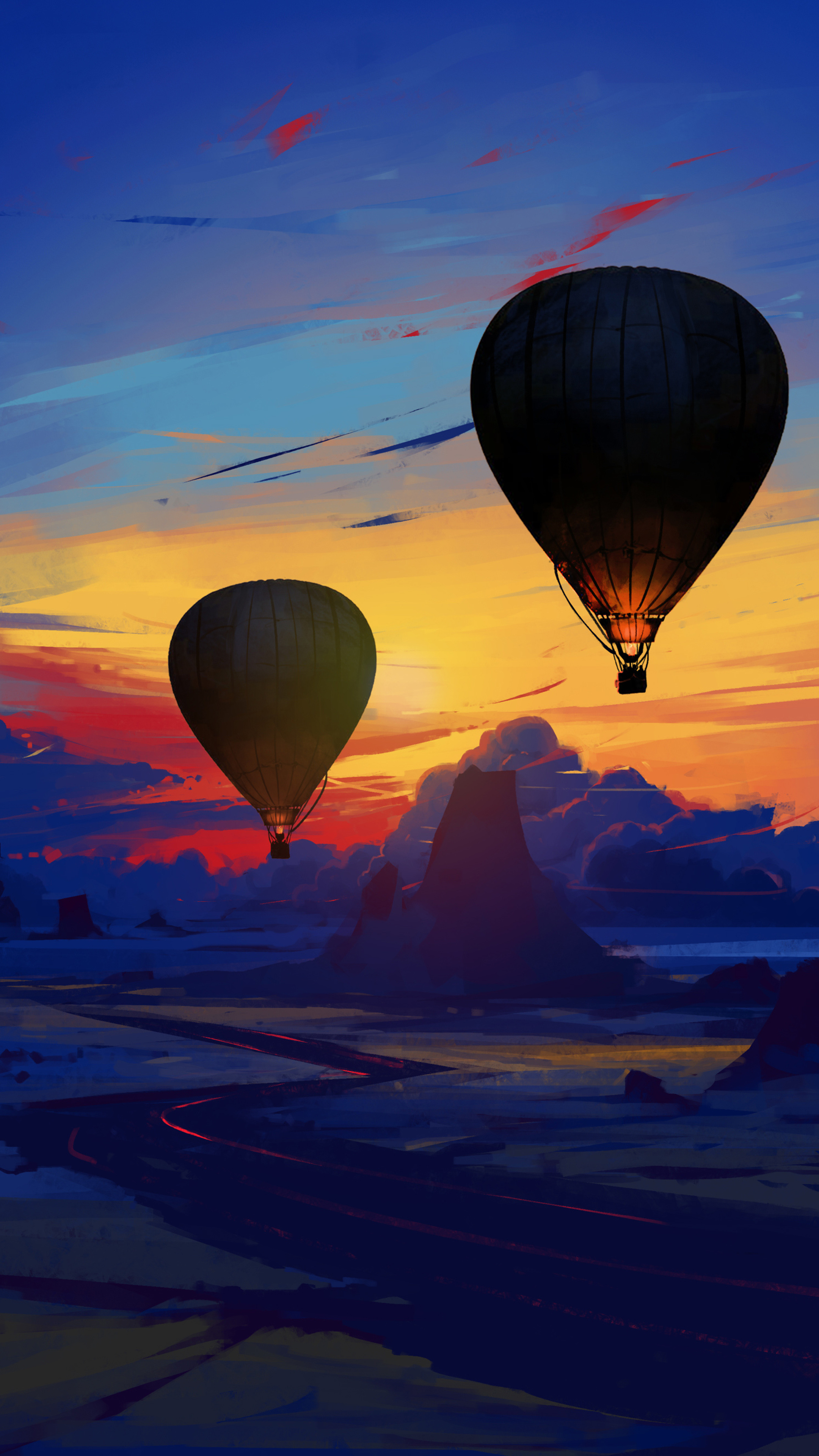 Air Sports: Art, Drawing, Hot-air balloon floating in the sky, Flies to extremely high altitudes. 2160x3840 4K Wallpaper.