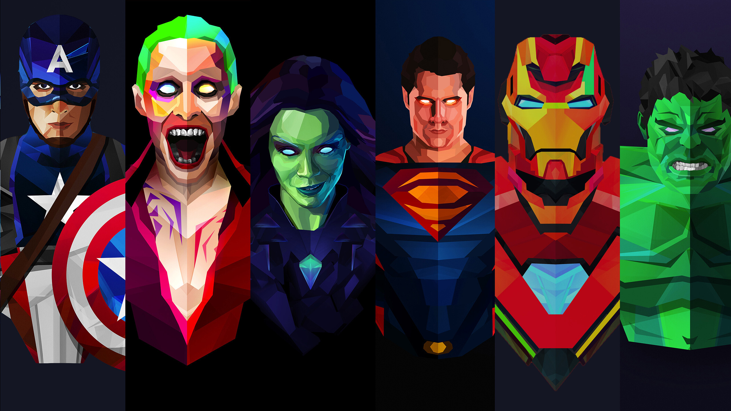 DC vs. Marvel: Superheroes, Batman, Superman, Hulk, Iron Man, The Joker, Gamora, Captain America. 2560x1440 HD Background.