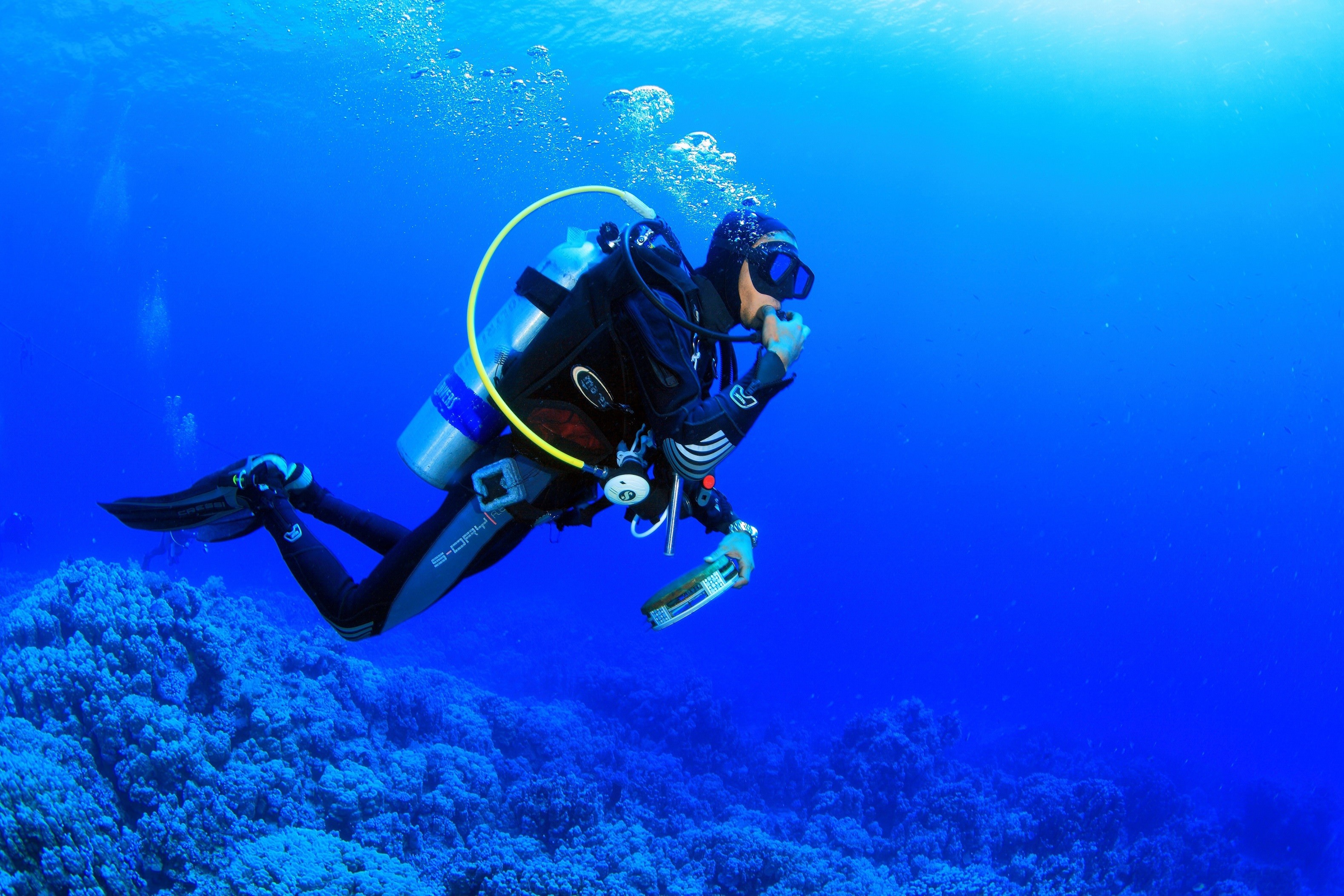 Diving: An extreme adventurous underwater activity, Swimming underwater for a long time. 3160x2110 HD Wallpaper.