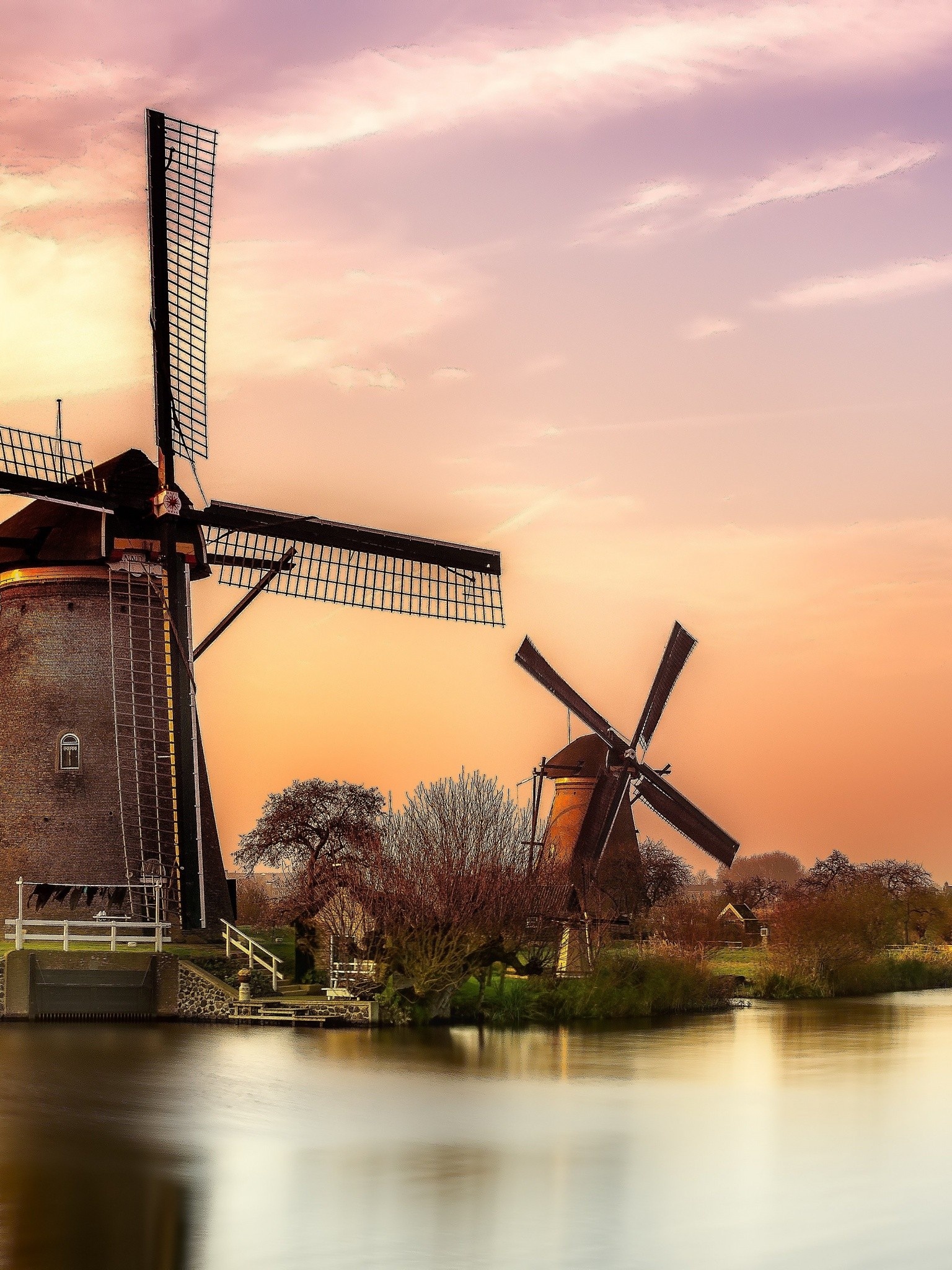 Windmills at Kinderdijk, Travels, Sunset river, Holland, 1540x2050 HD Phone