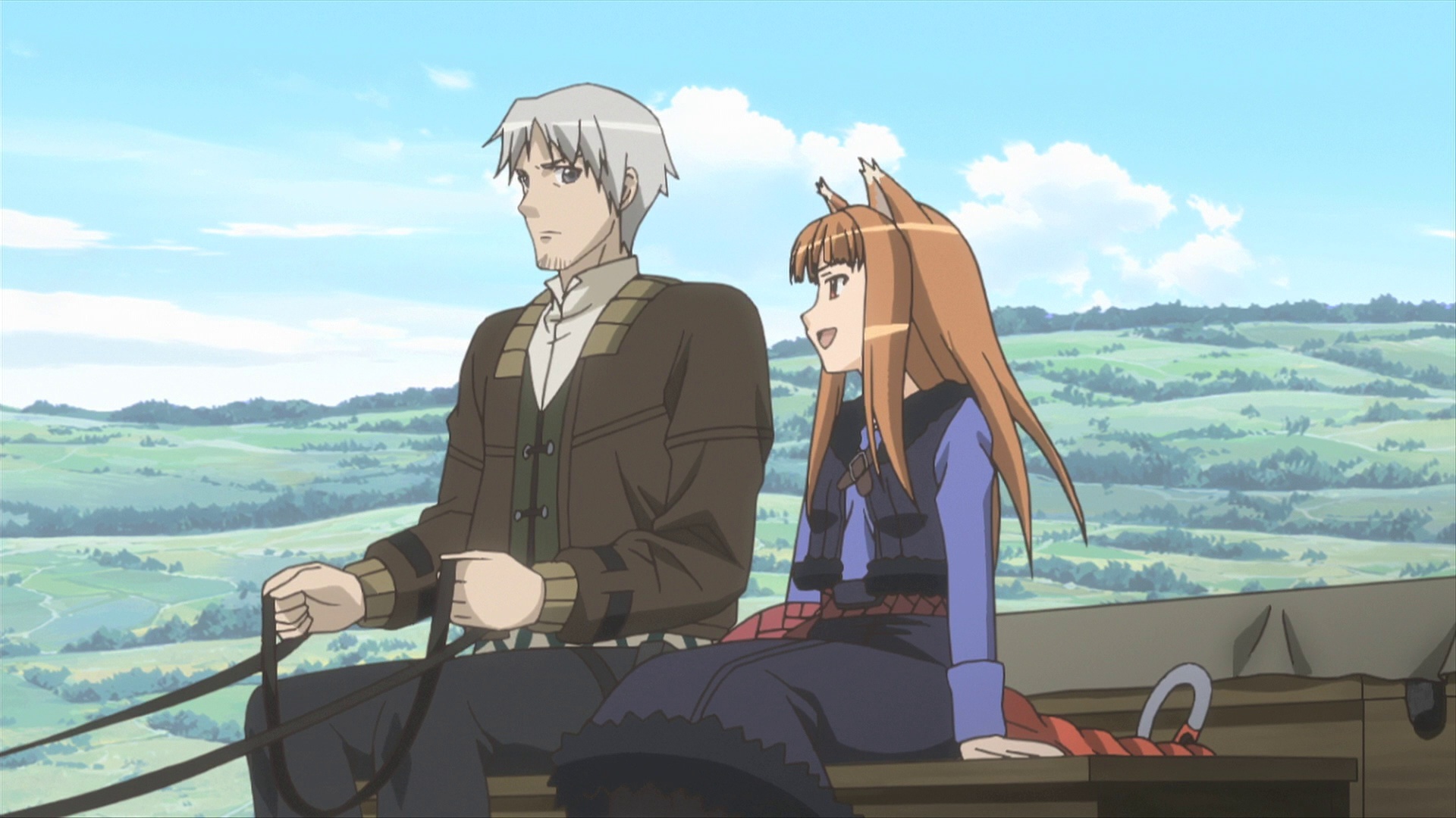 Spice and Wolf (Anime): Kraft Lawrence - the protagonist, Traveling together, Intimate moment. 1920x1080 Full HD Wallpaper.