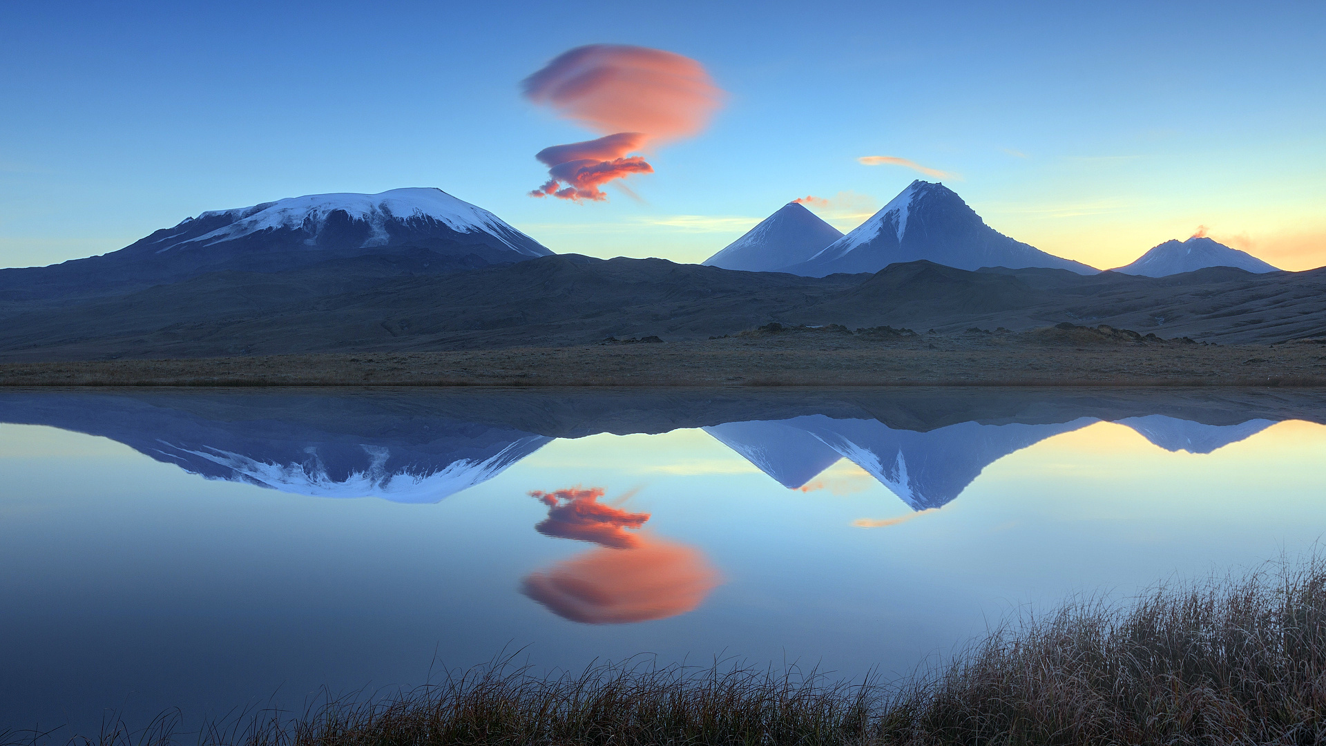 Bering Sea, Majestic mountains, Reflective waters, Volcanic landscape, 1920x1080 Full HD Desktop