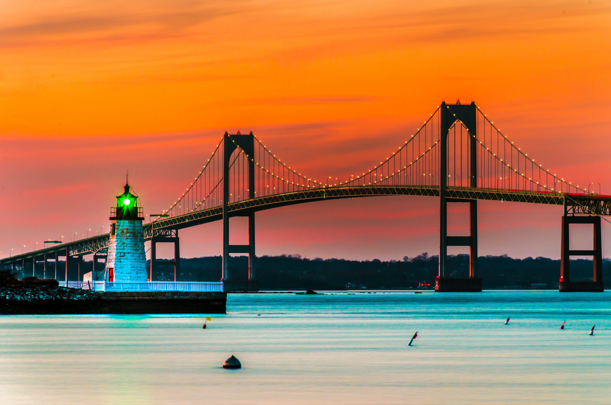 Sunset over lighthouse, Newport Rhode Island, Bridge in backdrop, Serene scenery, 2050x1360 HD Desktop