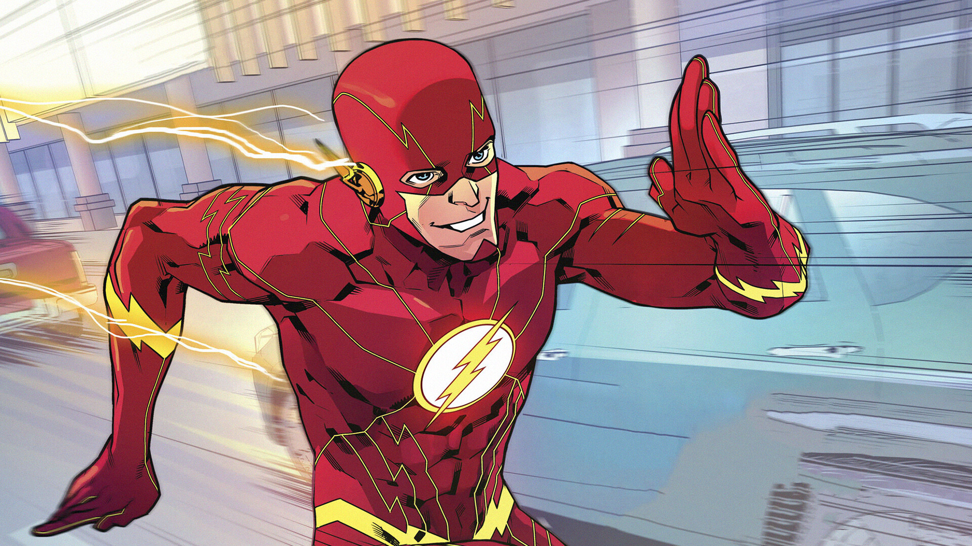 Flash (DC): Barry Allen, A police scientist, Got his powers when a lightning bolt hit his lab. 1920x1080 Full HD Background.