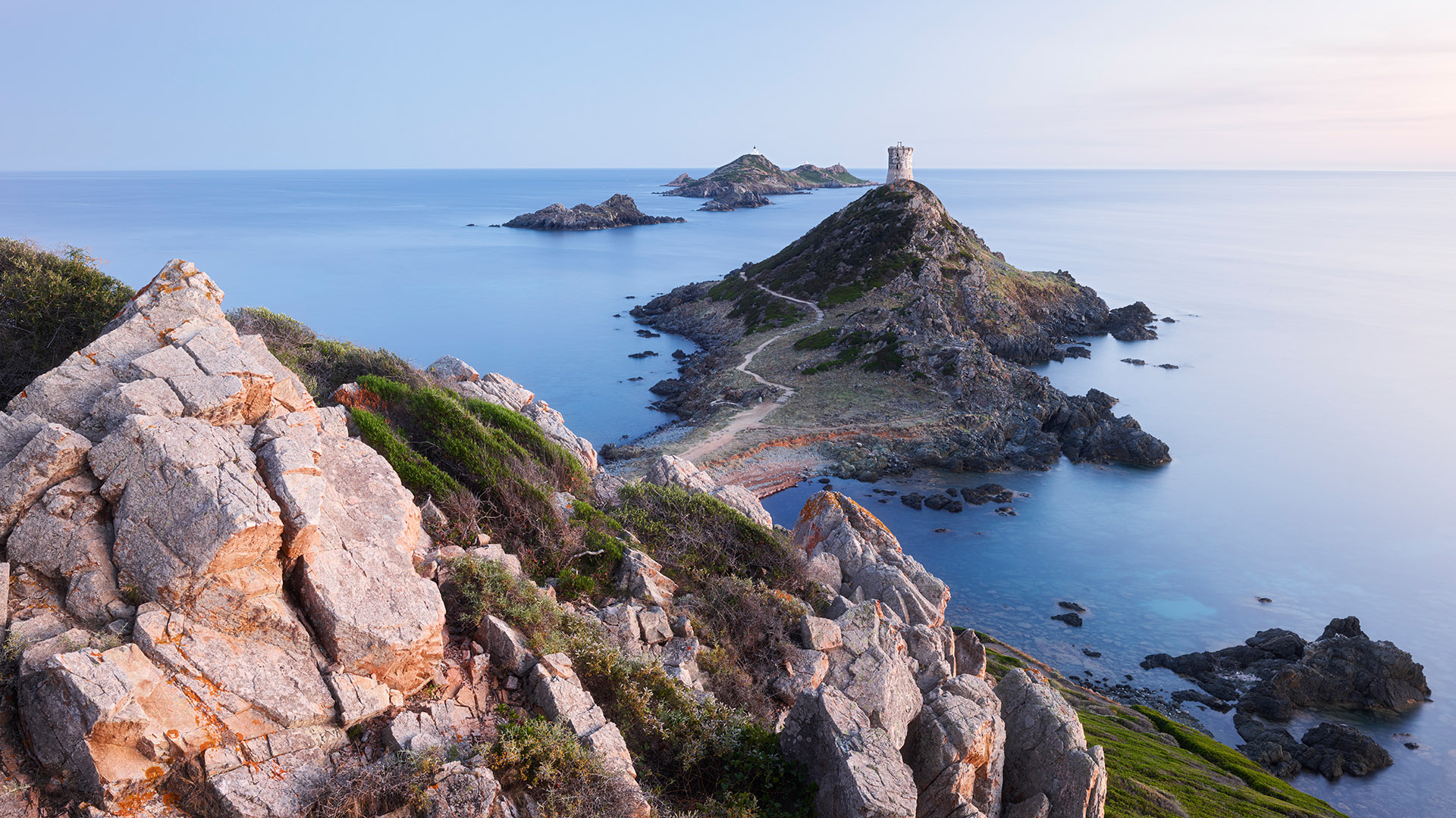 Corsica Island, Genoese tower, Les Sanguinaires islands, Ajaccio, 1920x1080 Full HD Desktop