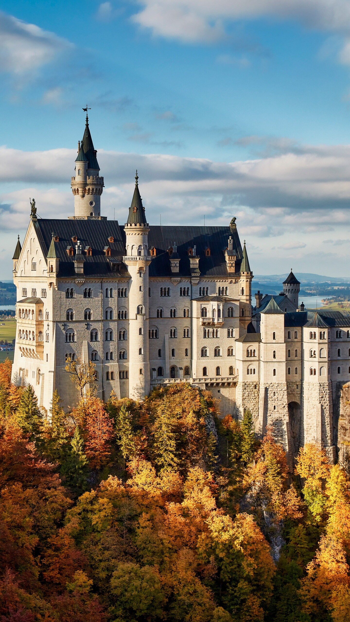 Neuschwanstein Castle: King Ludwig II of Bavaria commissioned its construction in 1869. 1440x2560 HD Background.