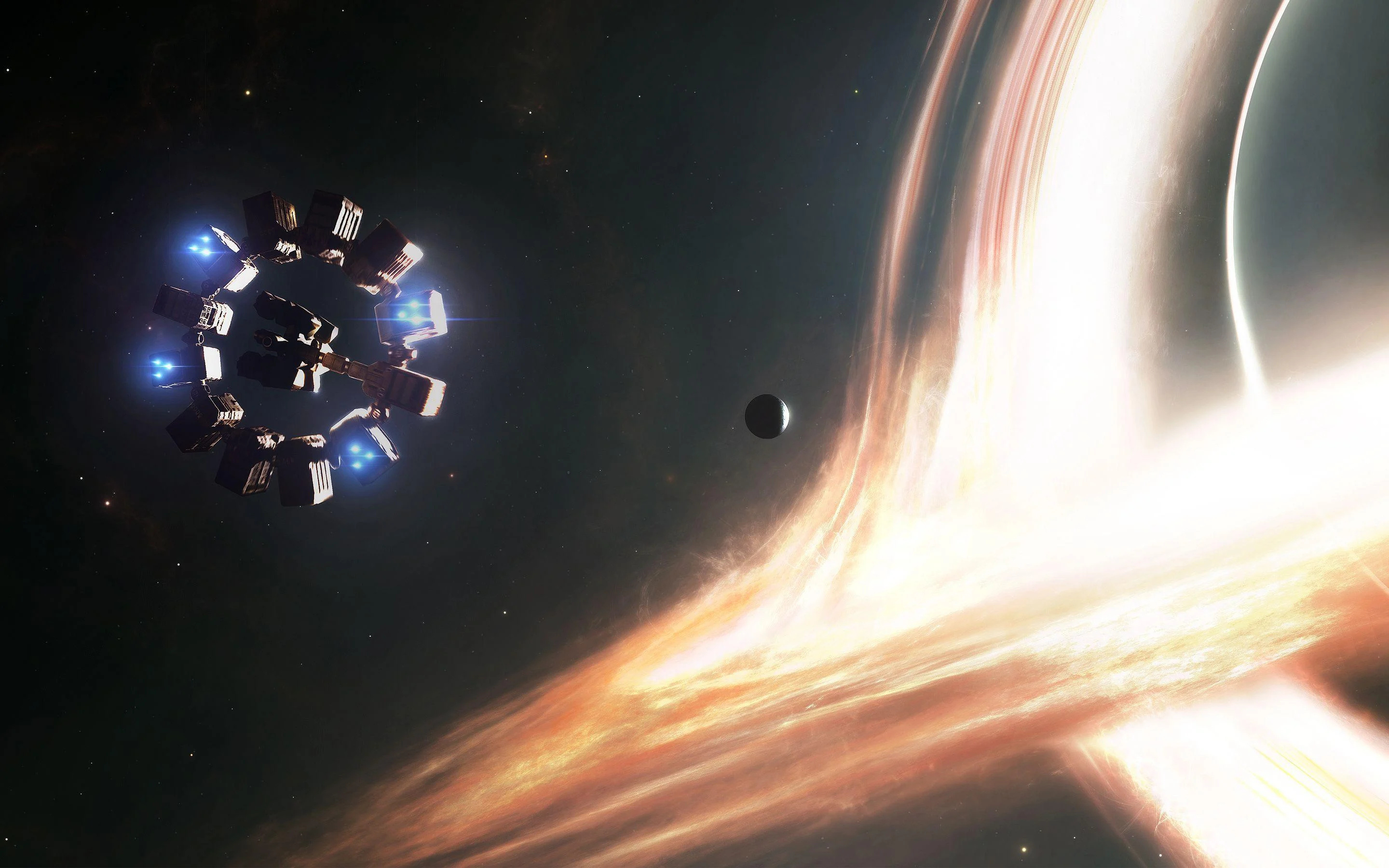 Interstellar: The ship that carries Cooper, Amelia, Doyle, Romilly, CASE, and TARS on their voyage through the wormhole. 2880x1800 HD Background.