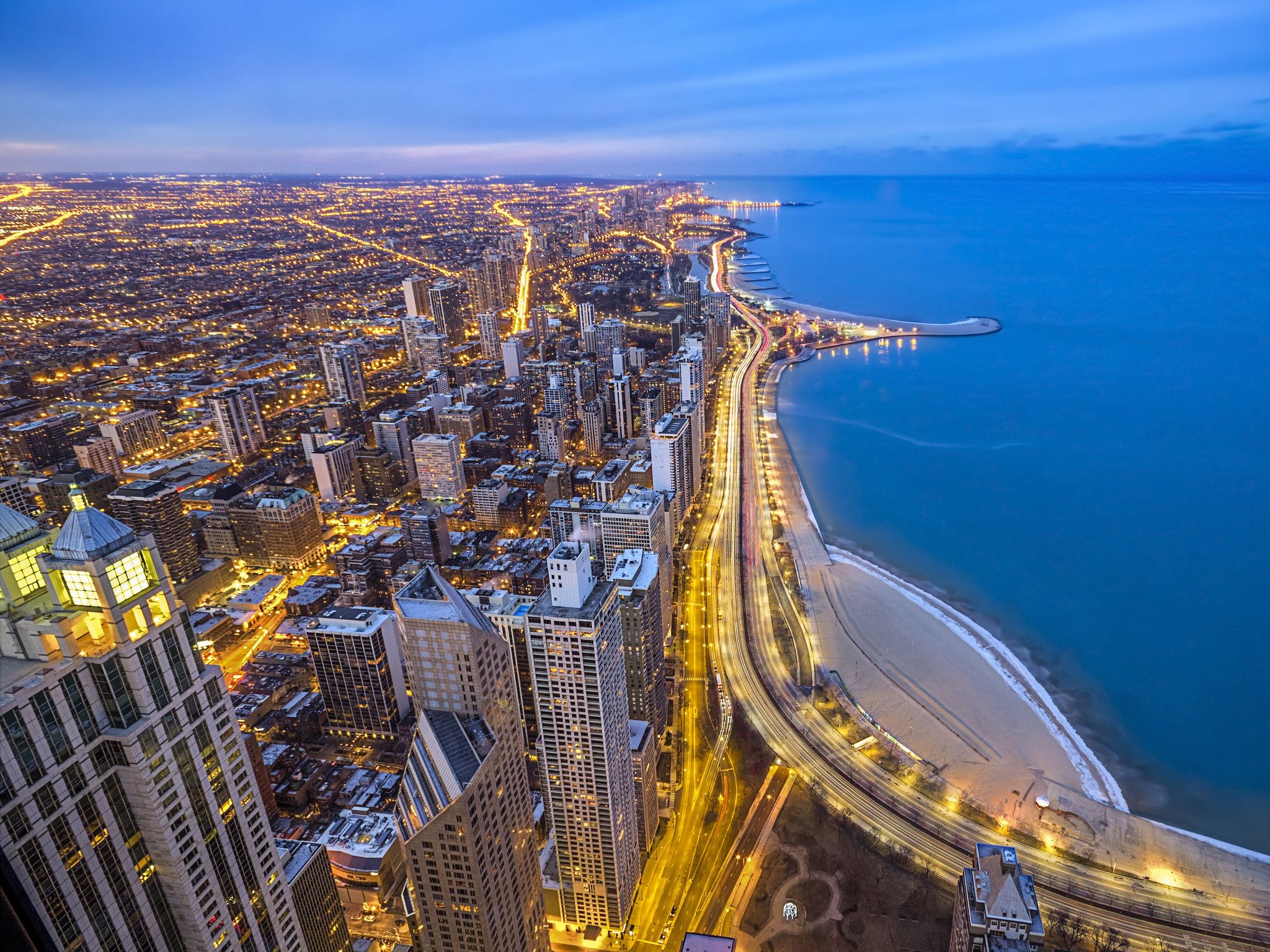 Chicago cityscape, Lake Shore Drive, USA panoramas, Evening city lights, 2050x1540 HD Desktop
