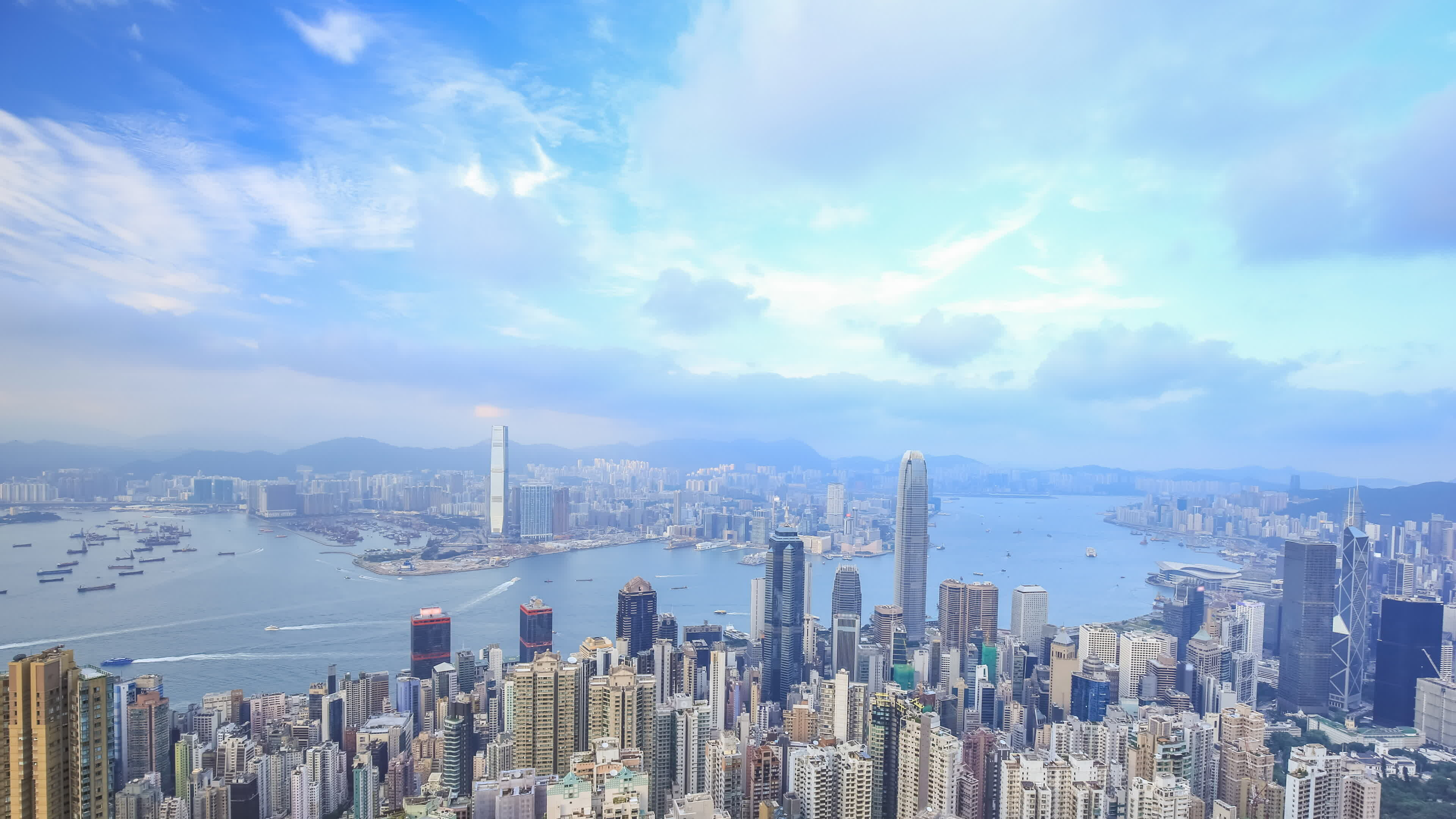 Hong Kong: The Peak, Cityline, Buildings, Water resources. 3840x2160 4K Wallpaper.