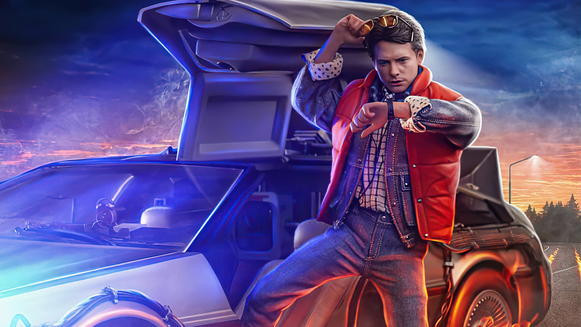 Back to the Future: Marty McFly, accidentally sent back to 1955 in a time-traveling DeLorean automobile. 1920x1080 Full HD Background.