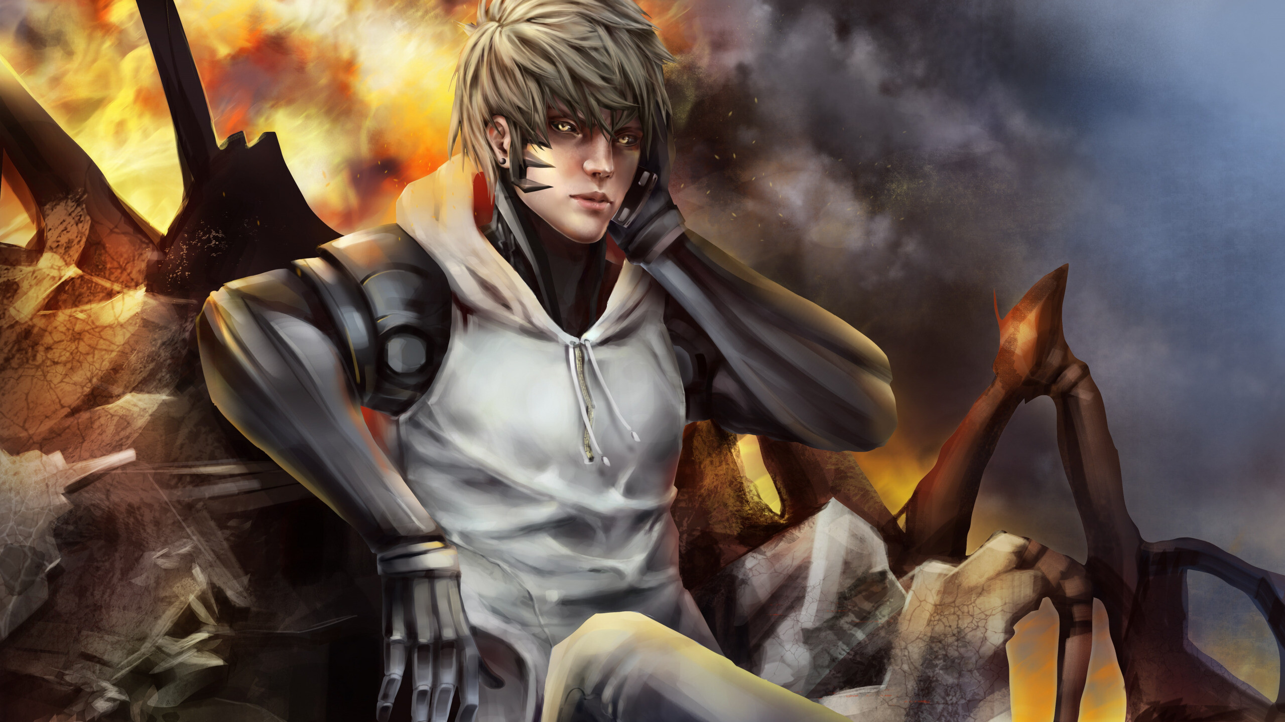 Genos: Anime guy, Cyborg, One Punch Man, Demon Cyborg's tears are made of oil. 2560x1440 HD Background.