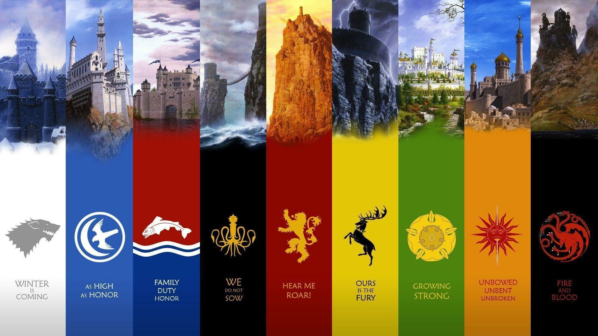Game of Thrones: House Stark, House Greyjoy, House Baratheon, House Arryn, House Targaryen, House Frey. 1920x1080 Full HD Wallpaper.