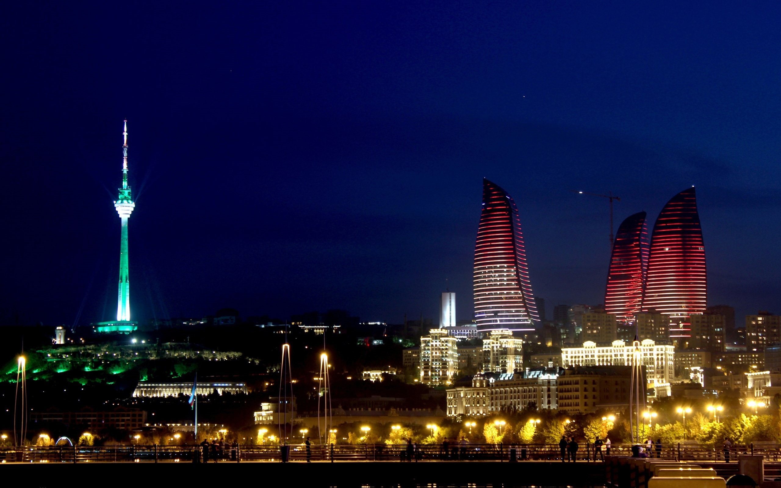 Azerbaijan: Baku, The capital city, Skyline, Lights, Nighttime. 2560x1600 HD Wallpaper.