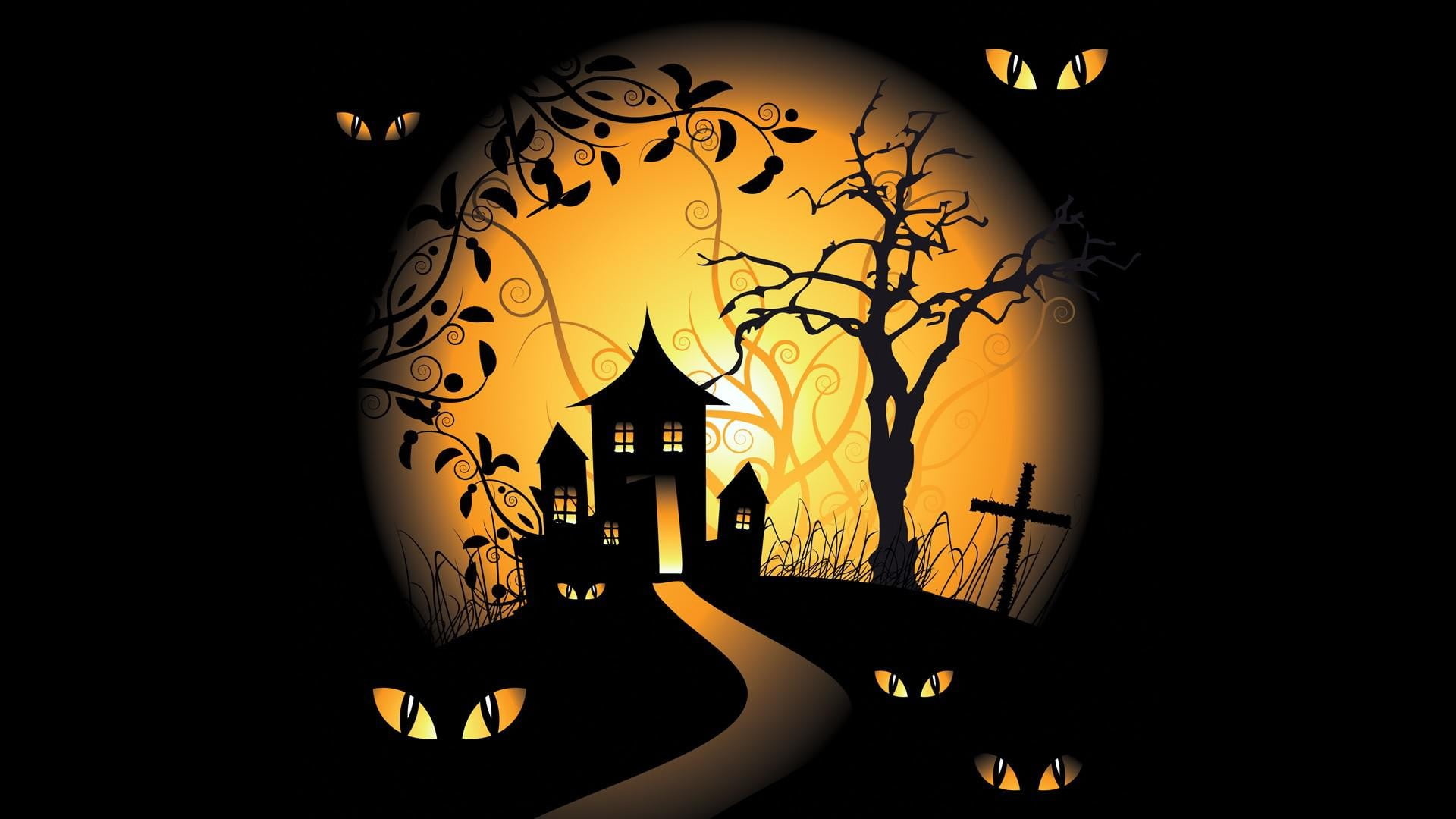 Halloween haunted house, Landscape illustration, Spooky atmosphere, Dark holiday theme, 1920x1080 Full HD Desktop
