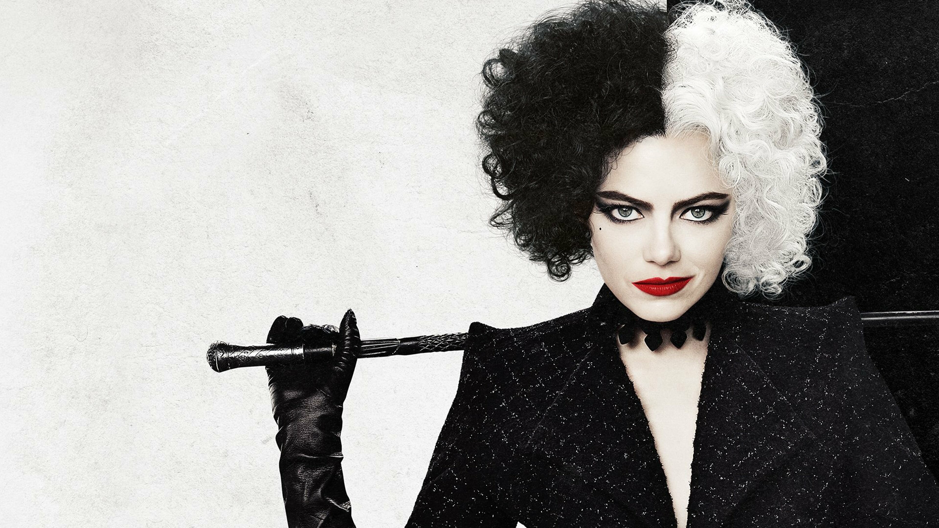 Cruella (2021): Emma Stone stars as the title character, with Emma Thompson, Joel Fry, Paul Walter Hauser, Emily Beecham, Kirby Howell-Baptiste, and Mark Strong in supporting roles. 3840x2160 4K Background.