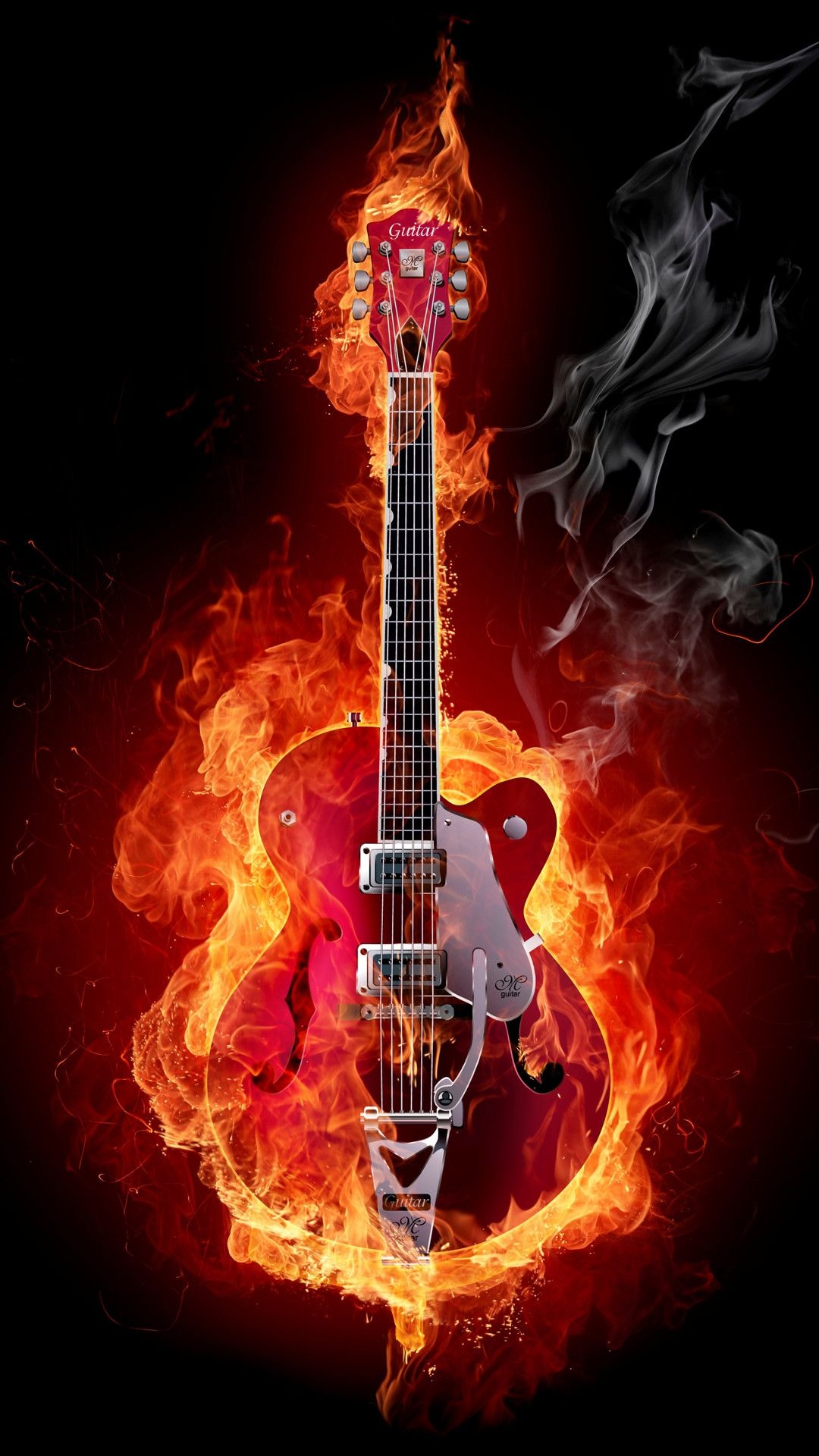 Guitar on fire, Blazing rock melodies, Fiery passion, Musical combustion, 1080x1920 Full HD Phone