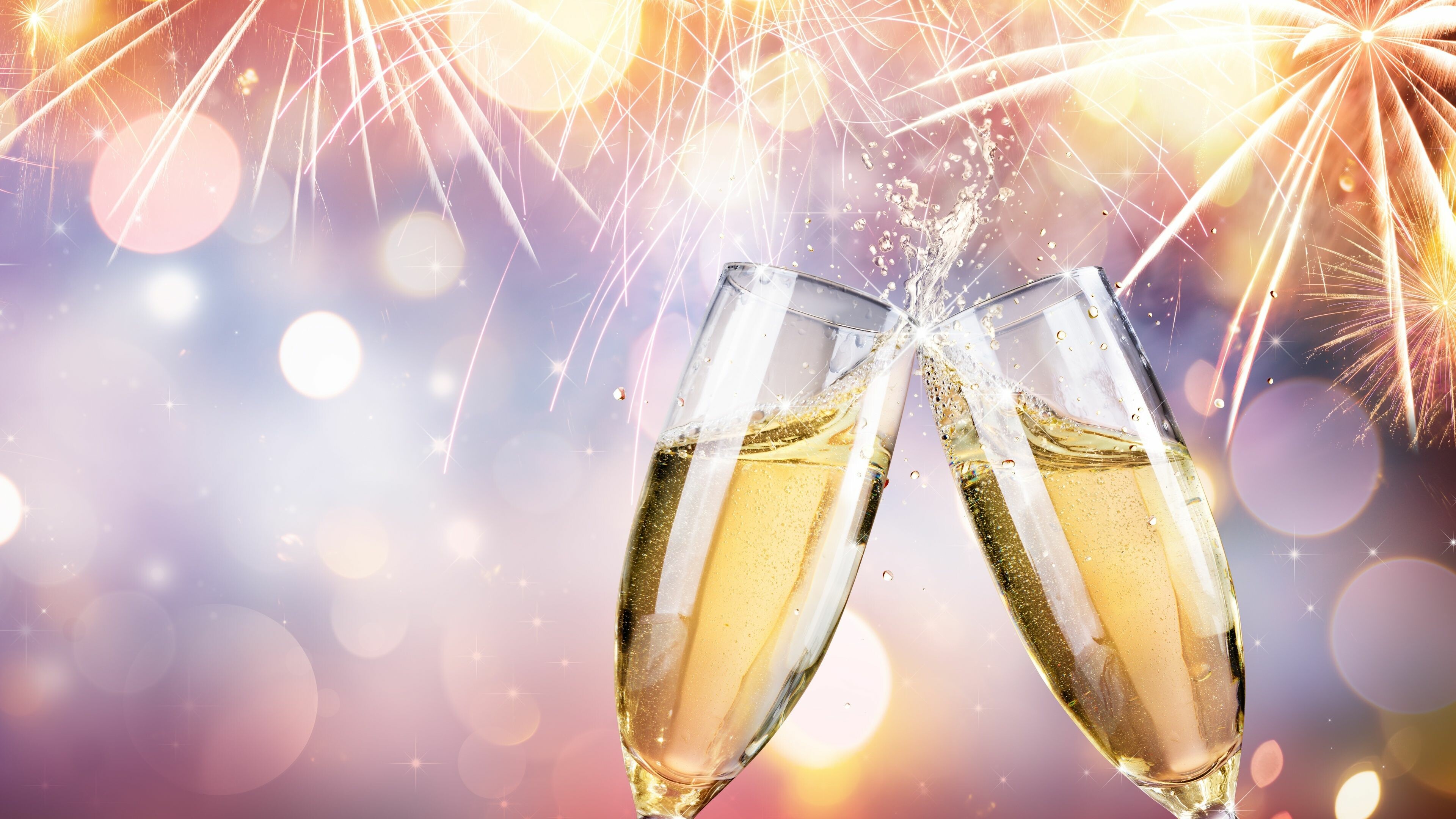Celebration: Champagne, Fireworks, Holiday, Event. 3840x2160 4K Background.
