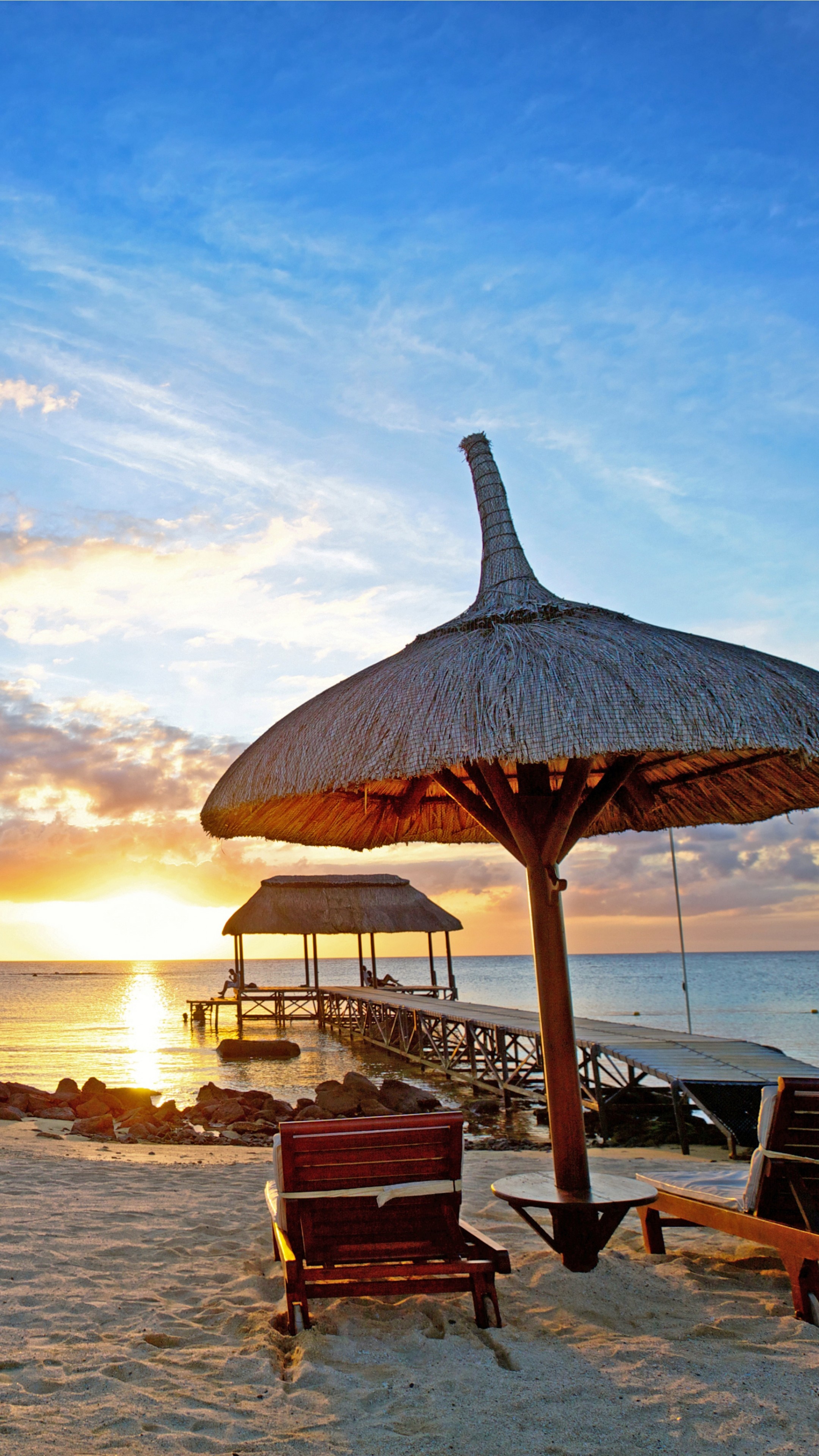Beach Umbrella: Mauritius, Sunset, Indian Ocean, Sand, Parasol, Sand. 2160x3840 4K Background.