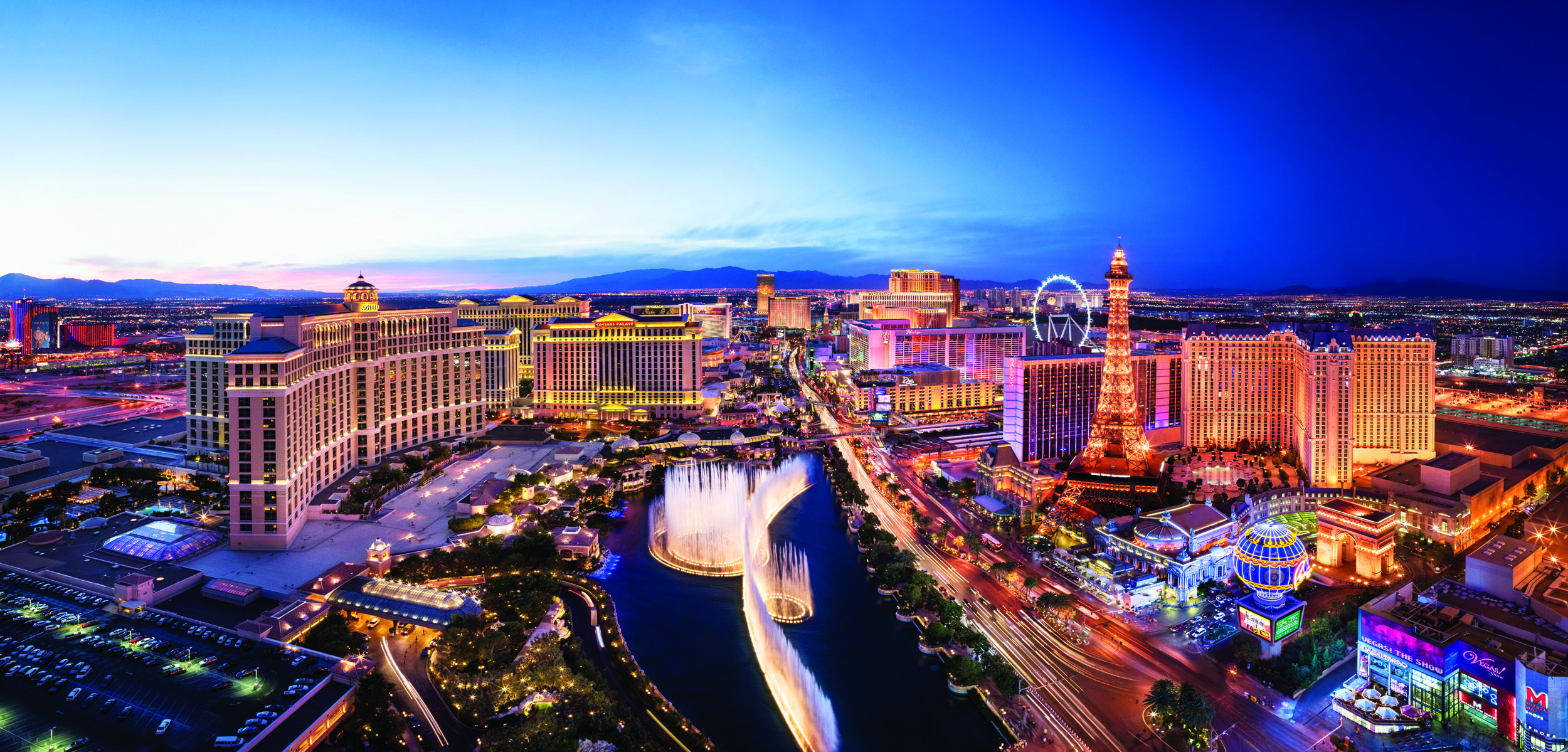 Las Vegas Skyline, Iconic strip, Nighttime allure, Vibrant city, 2500x1200 Dual Screen Desktop