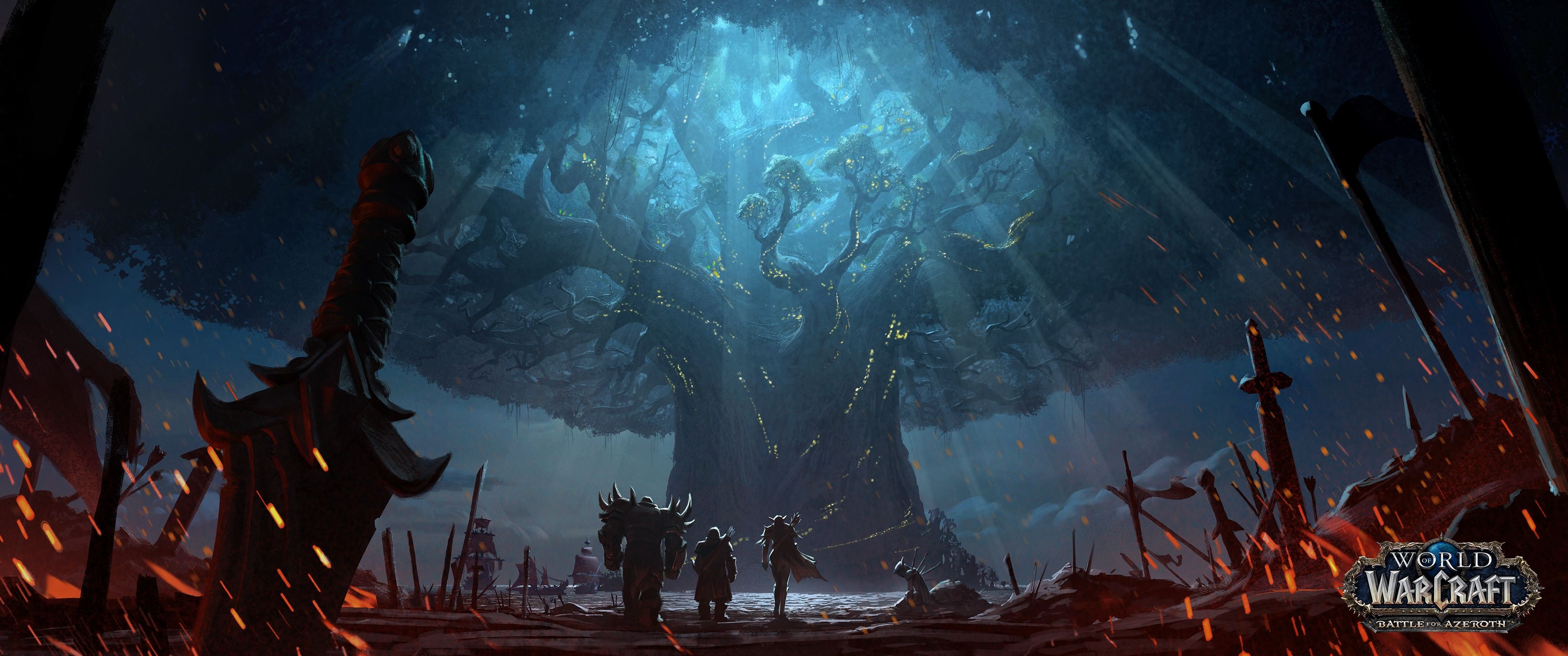 Warcraft universe, Epic landscapes, Legendary battles, Heroic characters, Azeroth adventures, 3440x1440 Dual Screen Desktop