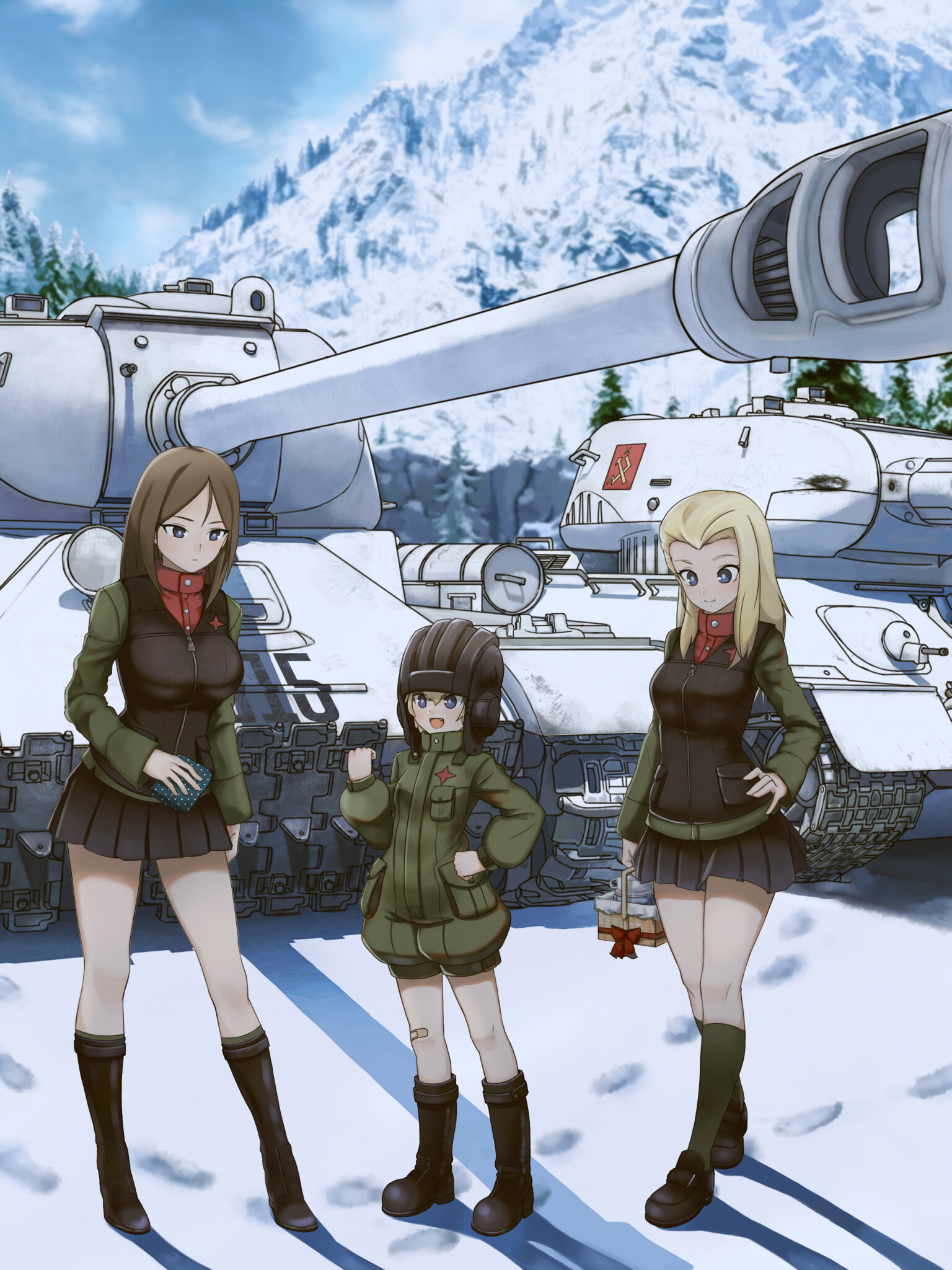 Girls und Panzer: Pravda Girls High School, Klara, Katyusha, Alina, Soviet World War Two tanks. 1540x2050 HD Background.