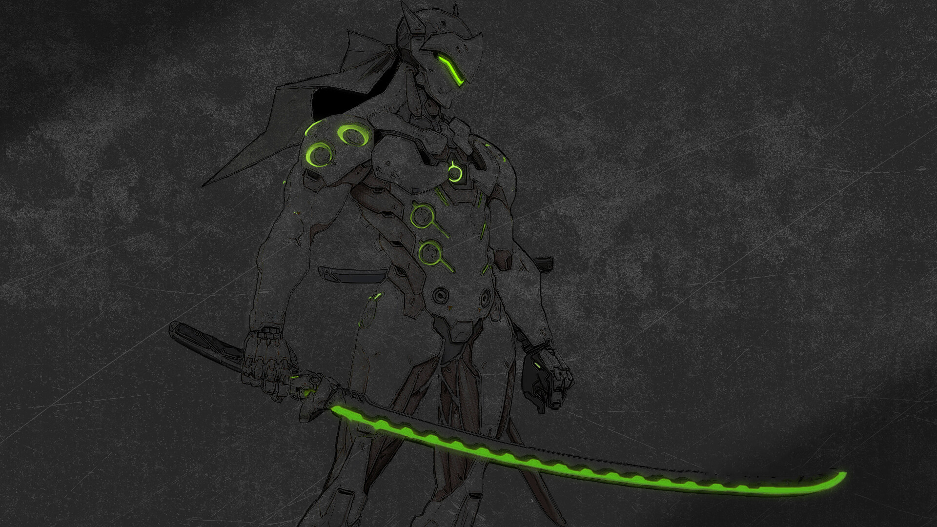 Genji: With secondary fire quickly throws three shurikens in a cone in front of him. 1920x1080 Full HD Wallpaper.