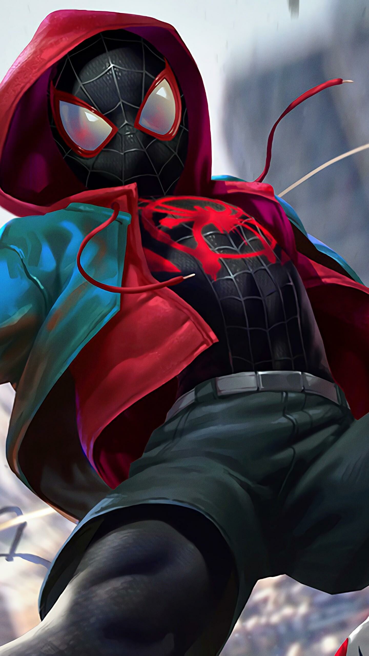 Spider-Man: Into the Spider-Verse: Miles Morales, able to blend himself and his clothing into his surroundings. 1440x2560 HD Background.