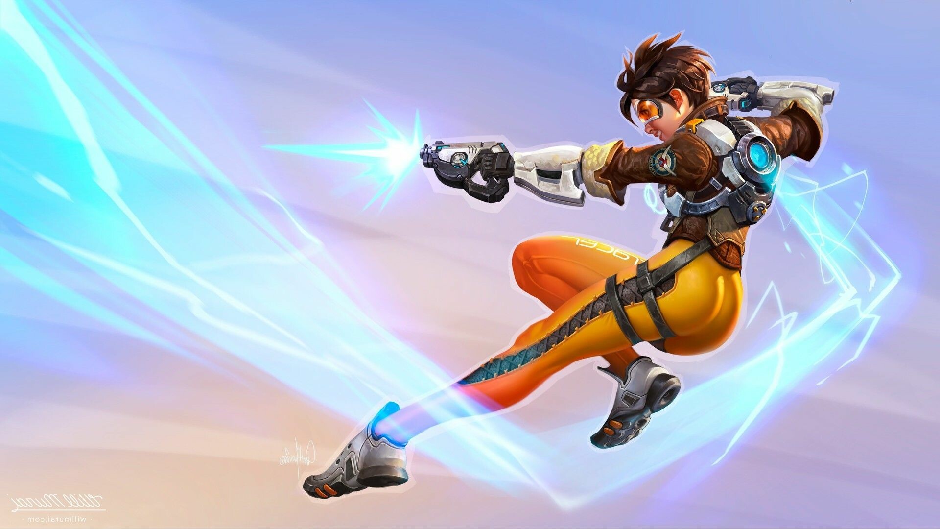 Overwatch: Tracer, A Damage hero, Lena Oxton, Illustration. 1920x1080 Full HD Background.