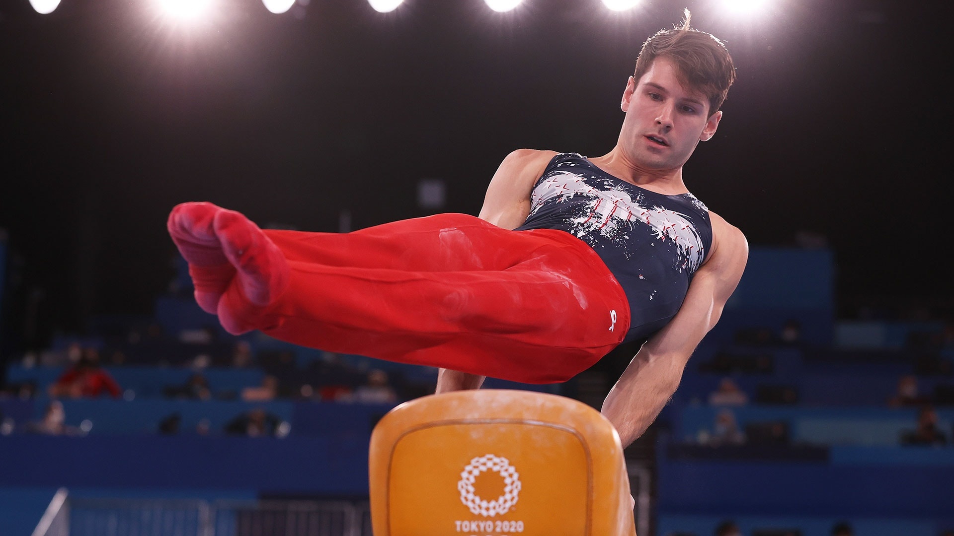 Pommel Horse (Gymnastics): Alec Yoder, First U.S. men's gymnastics medal, Tokyo, 2020. 1920x1080 Full HD Background.