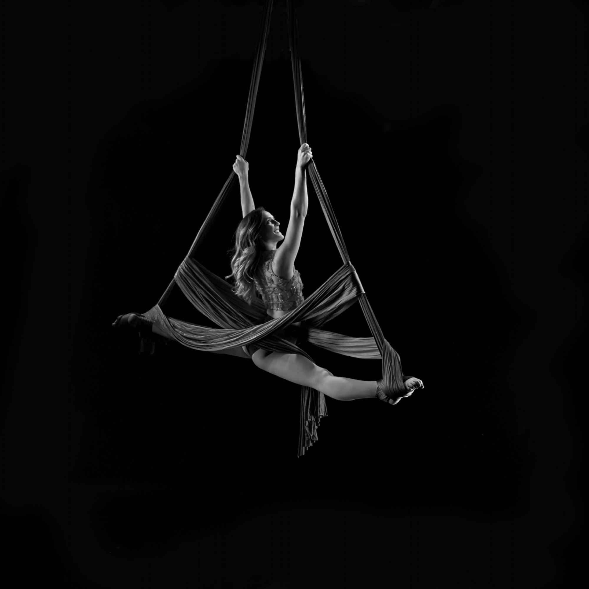 Aerial Silks: Monochrome circus performance, A professional aerialist in the air. 2000x2000 HD Wallpaper.