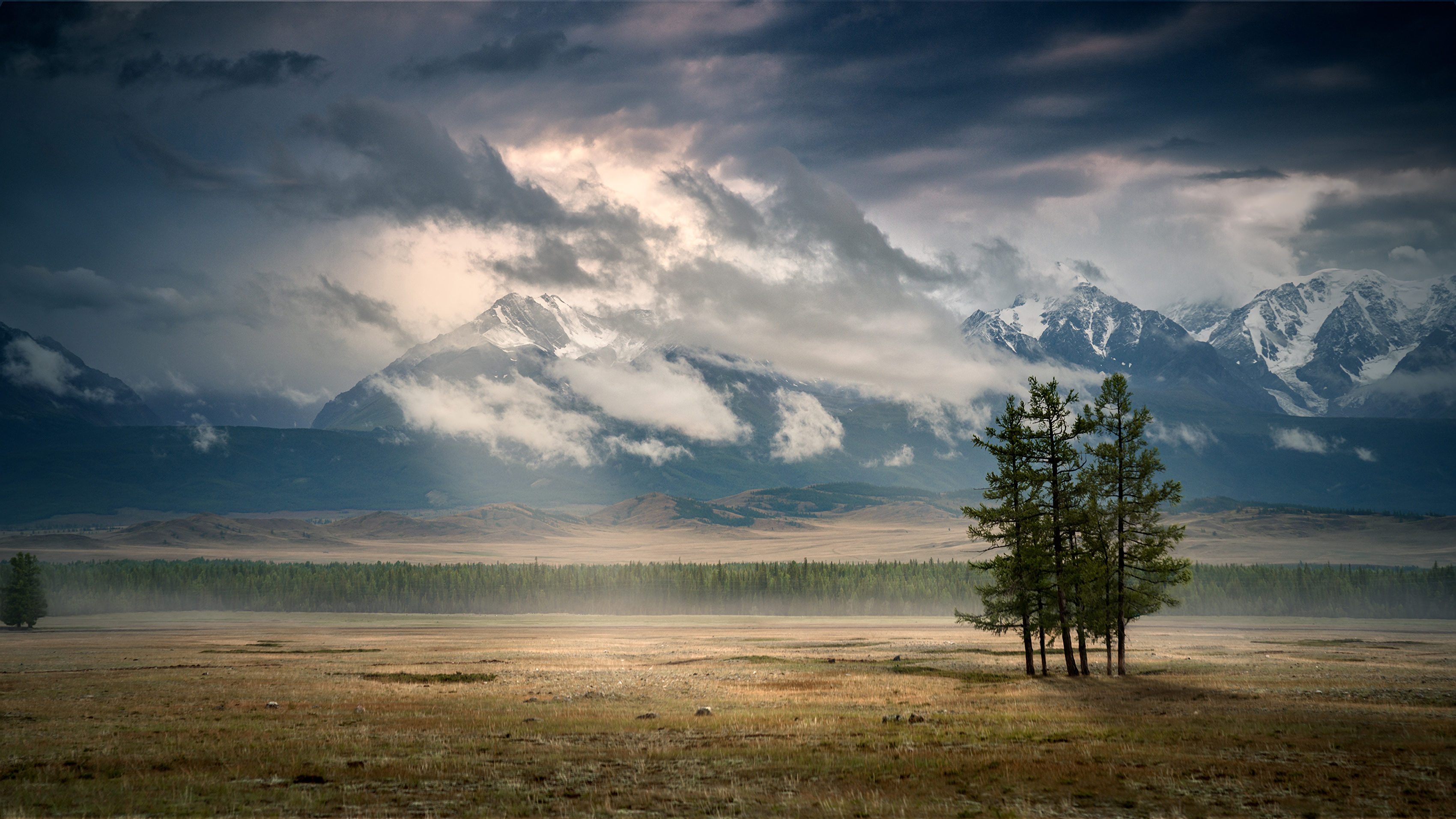 Altai Mountains, Mountains Forest, Mist Clouds, Snowy Peak, 3400x1920 HD Desktop