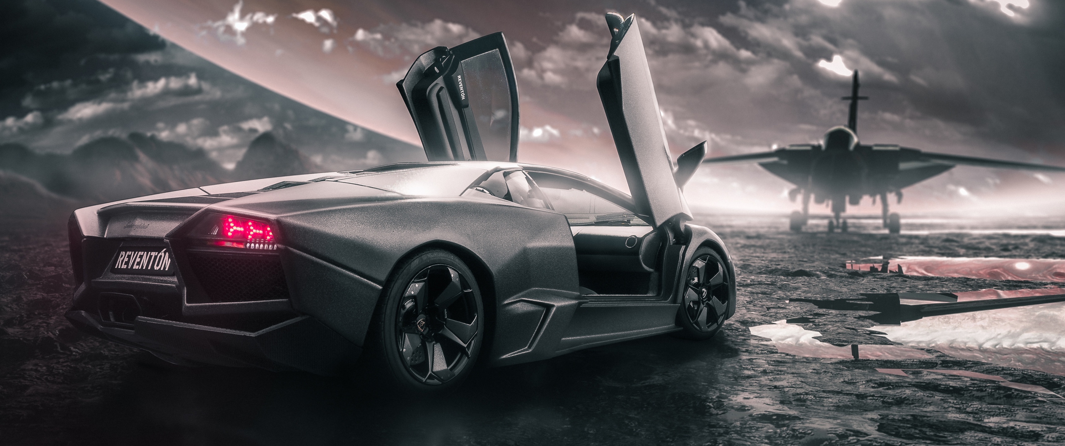 Jet Fighter-inspired, Lamborghini Reventon Wallpaper, 3440x1440 Dual Screen Desktop