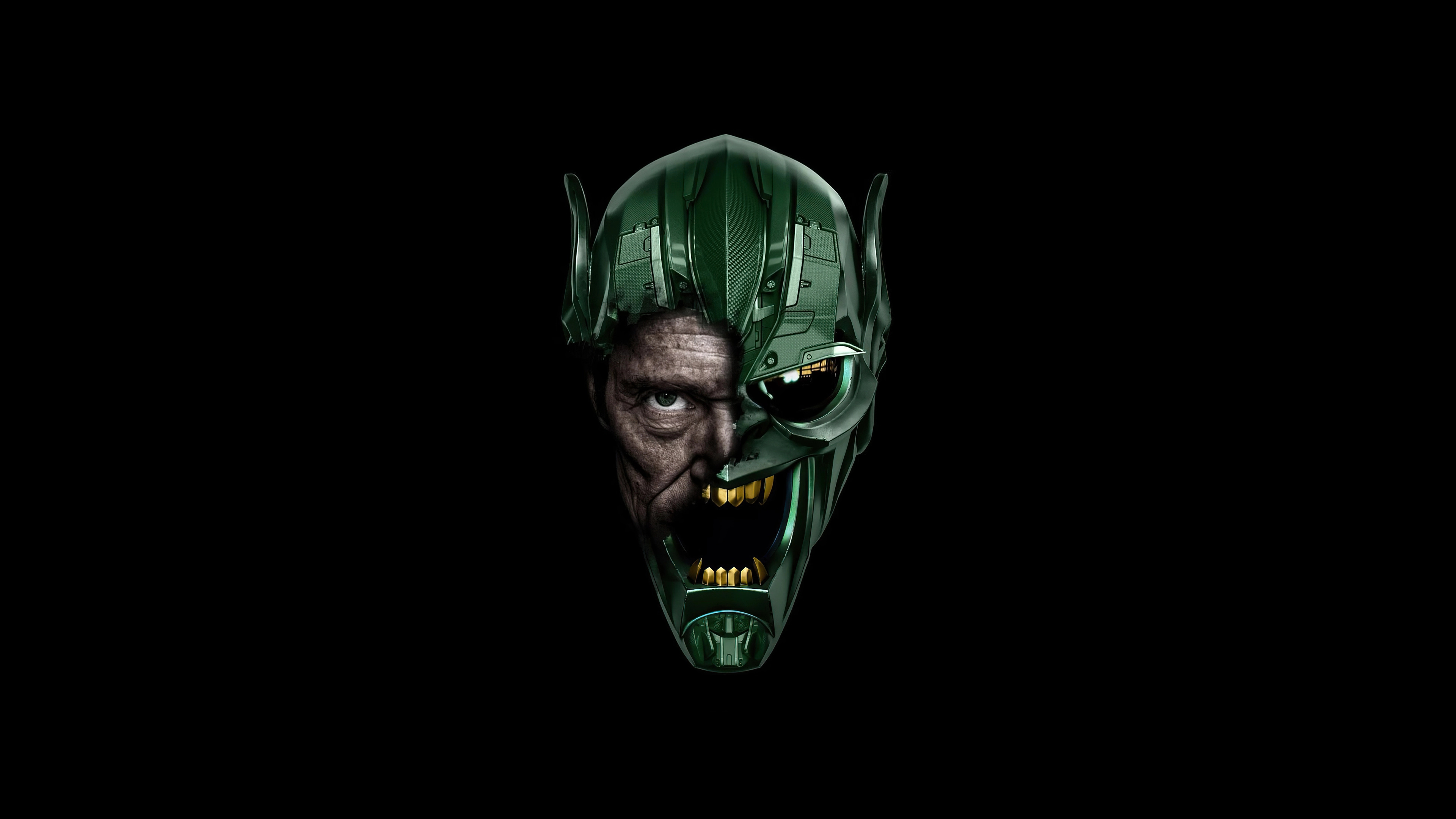 Willem Dafoe: Green Goblin, Halloween-themed supervillain whose weapons resemble bats, ghosts, and jack-o'-lanterns. 3840x2160 4K Wallpaper.