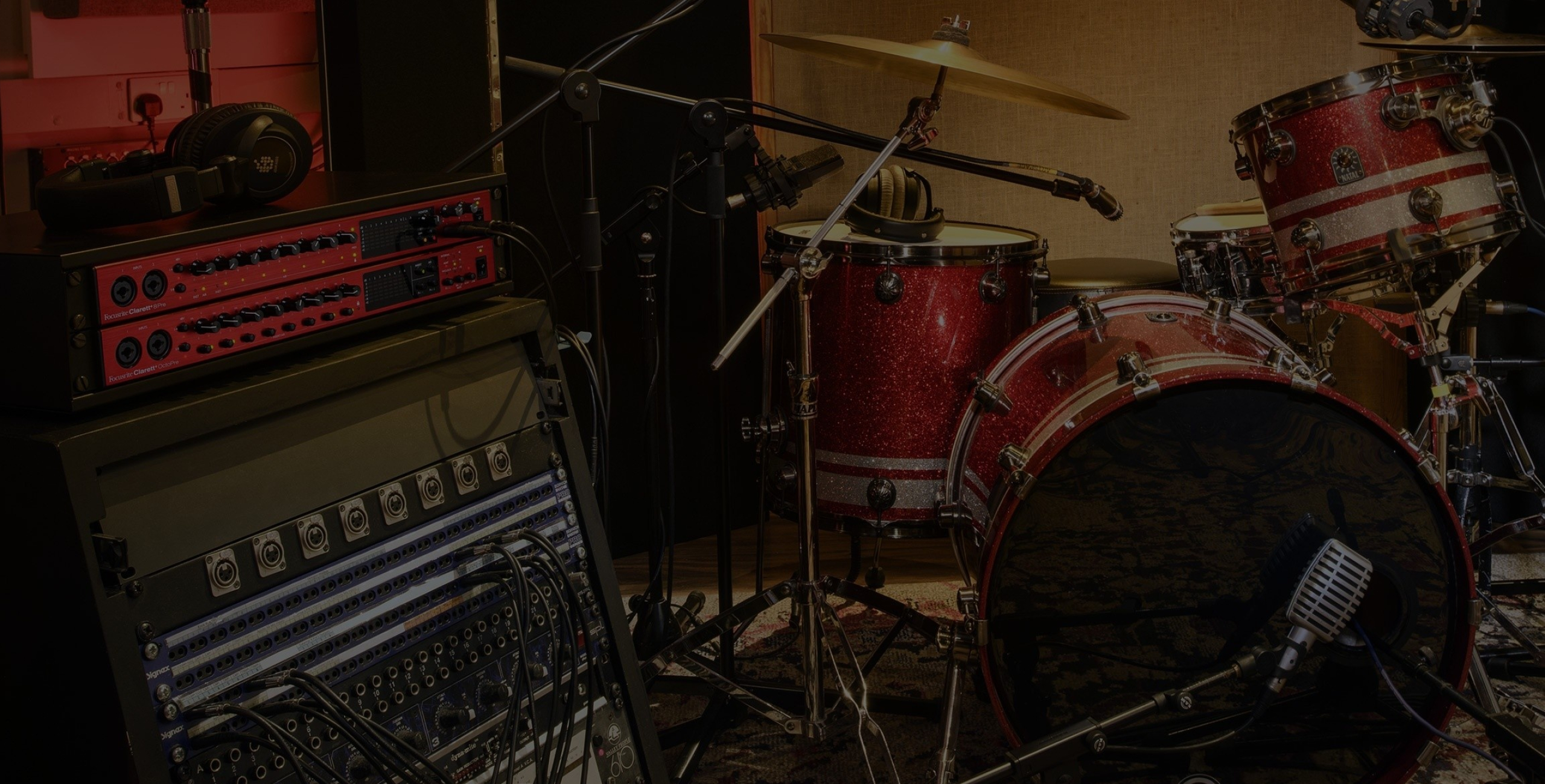 Bass Drum: Focusrite Clarett OctoPre, The essentials of a professional band setup, Musical instrument accessory. 2560x1300 HD Background.