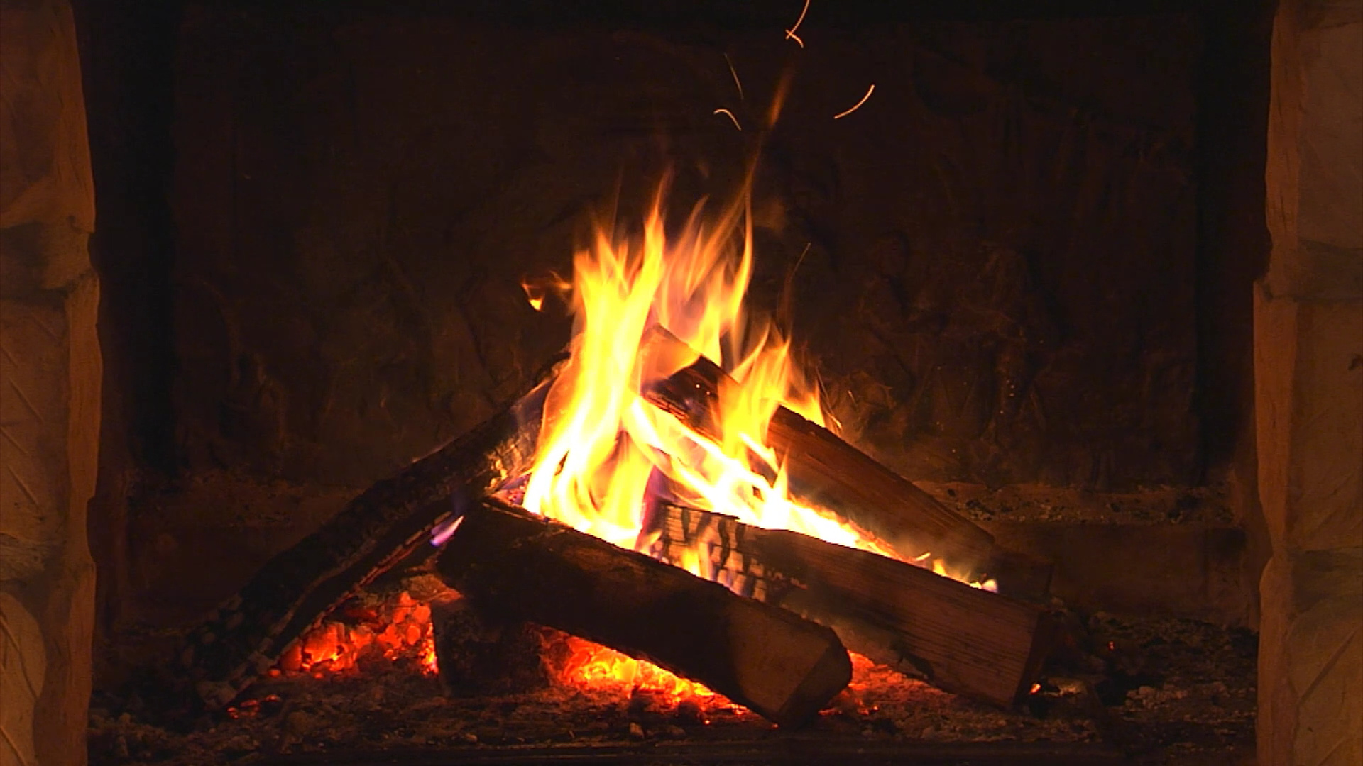 Fireplace: Wood burning stoves, A safe place for a fire, lit to give off light and heat. 1920x1080 Full HD Background.