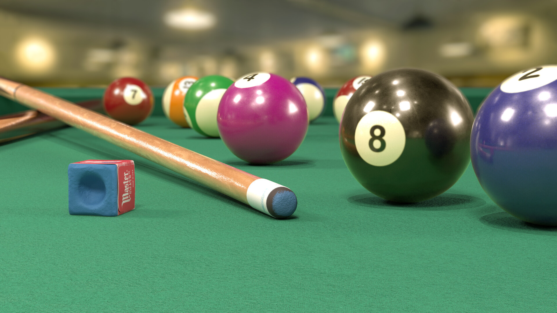Billiards: Straight pool, Cue stick, object balls and cue chalk that lets the player add friction to the cue tip. 1920x1080 Full HD Background.