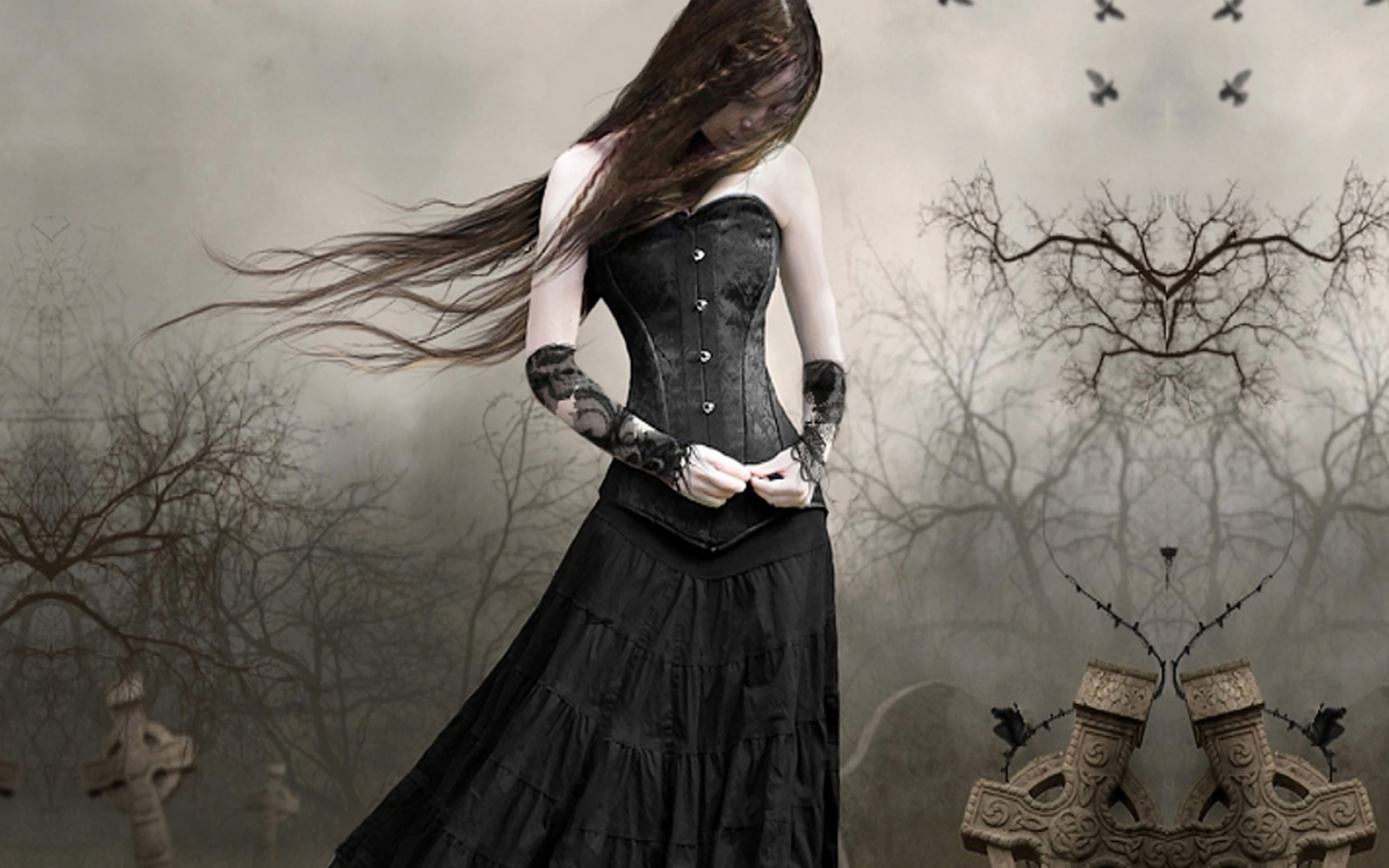 Gothic Art: Girl on the graveyard, Celtic cross, Depressing atmosphere, Mist. 1920x1200 HD Background.