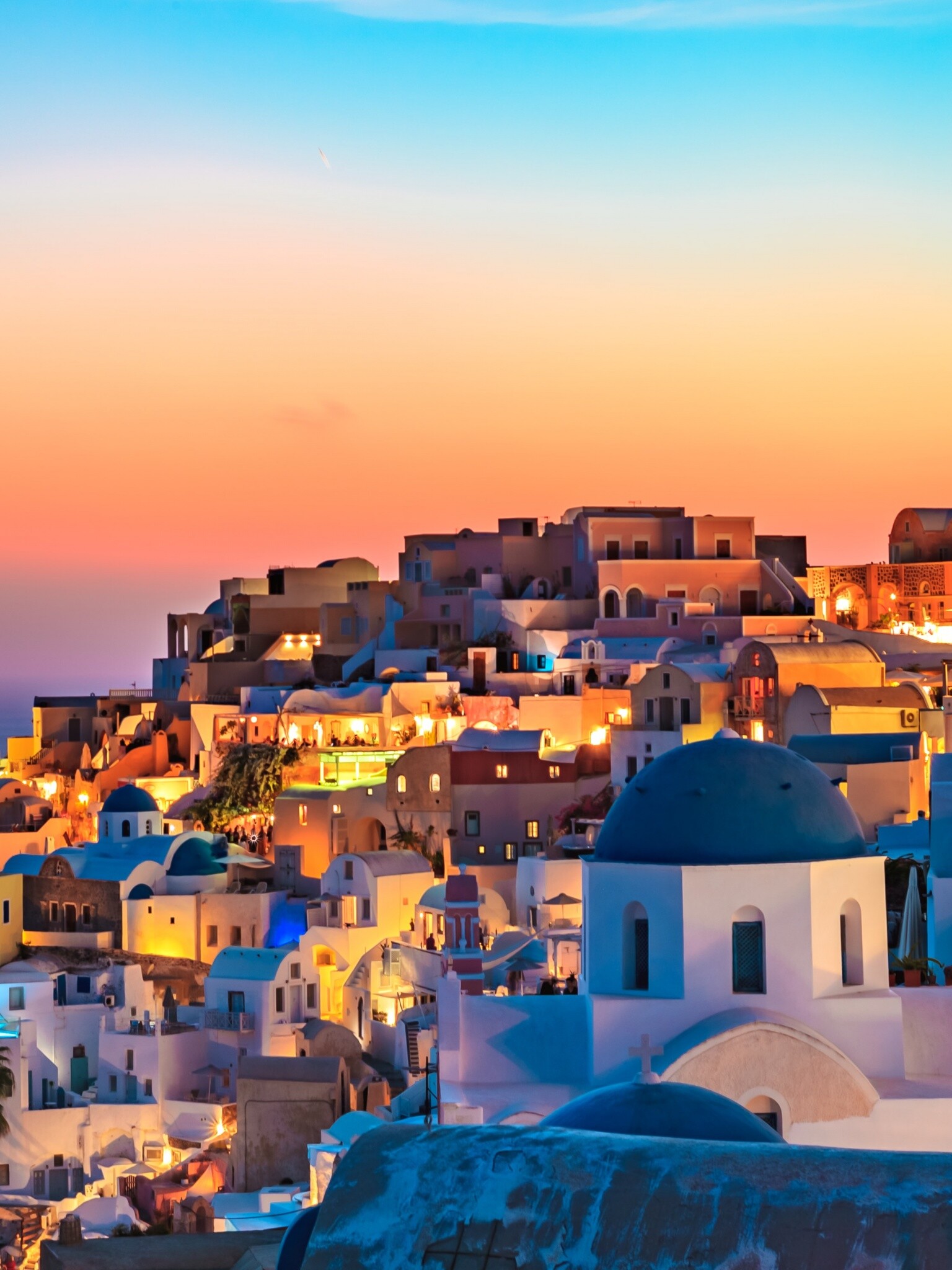 Greece: Oia, Santorini, Sunset, Panoramic view, Tourism, Mediterranean. 1540x2050 HD Wallpaper.
