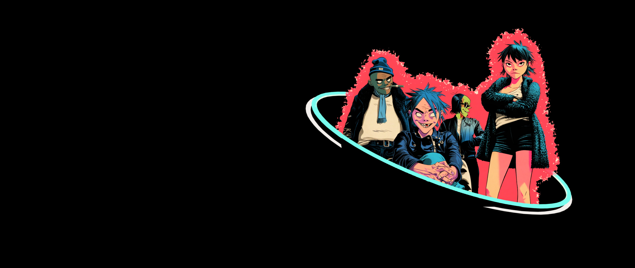 Gorillaz: The award-winning virtual group, Two decades of the animated electronic career. 2560x1080 Dual Screen Background.