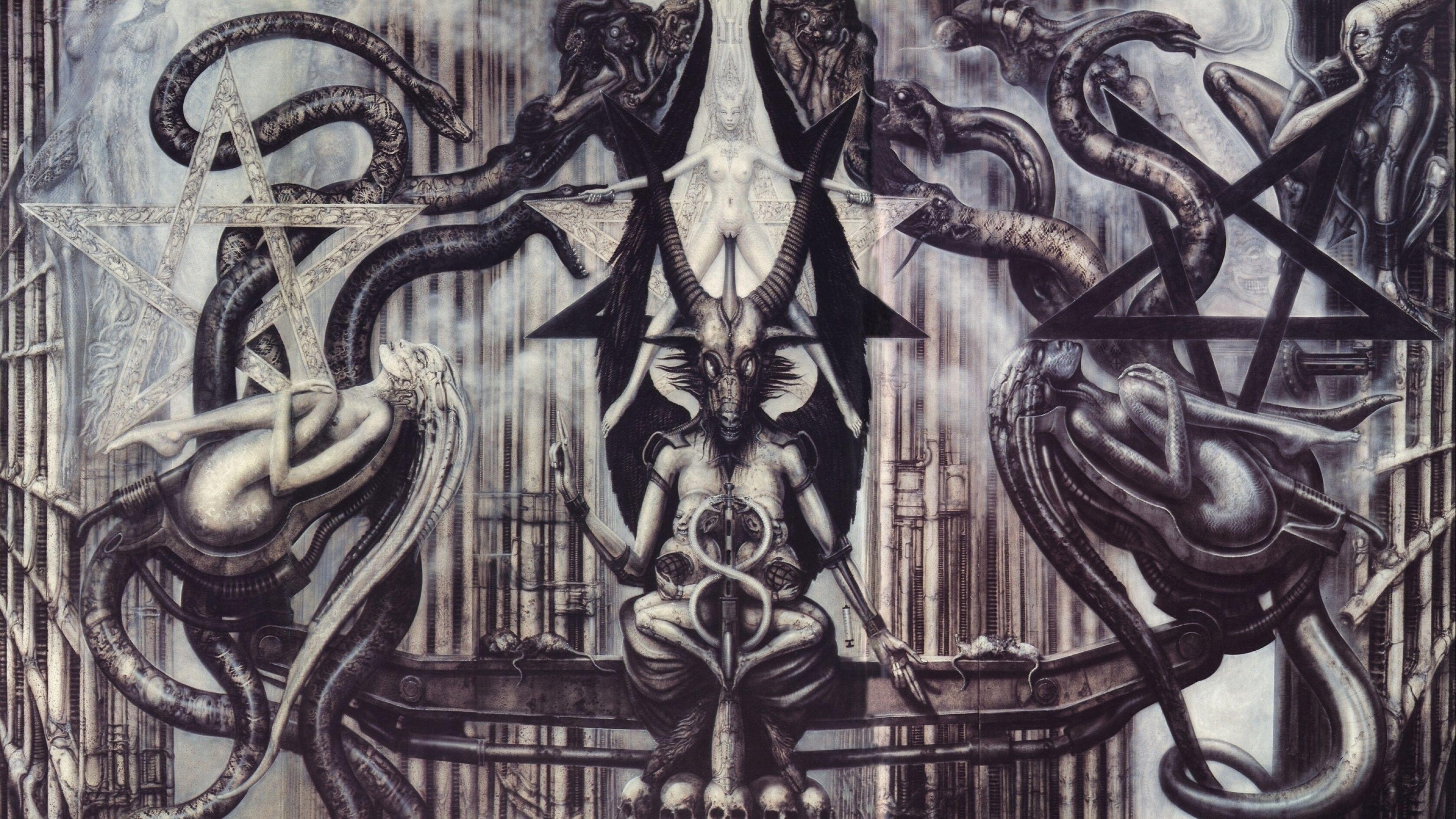H.R. Giger: Necronomicon, Birthgiving Between Good And Evil, Baphomet. 3360x1890 HD Wallpaper.
