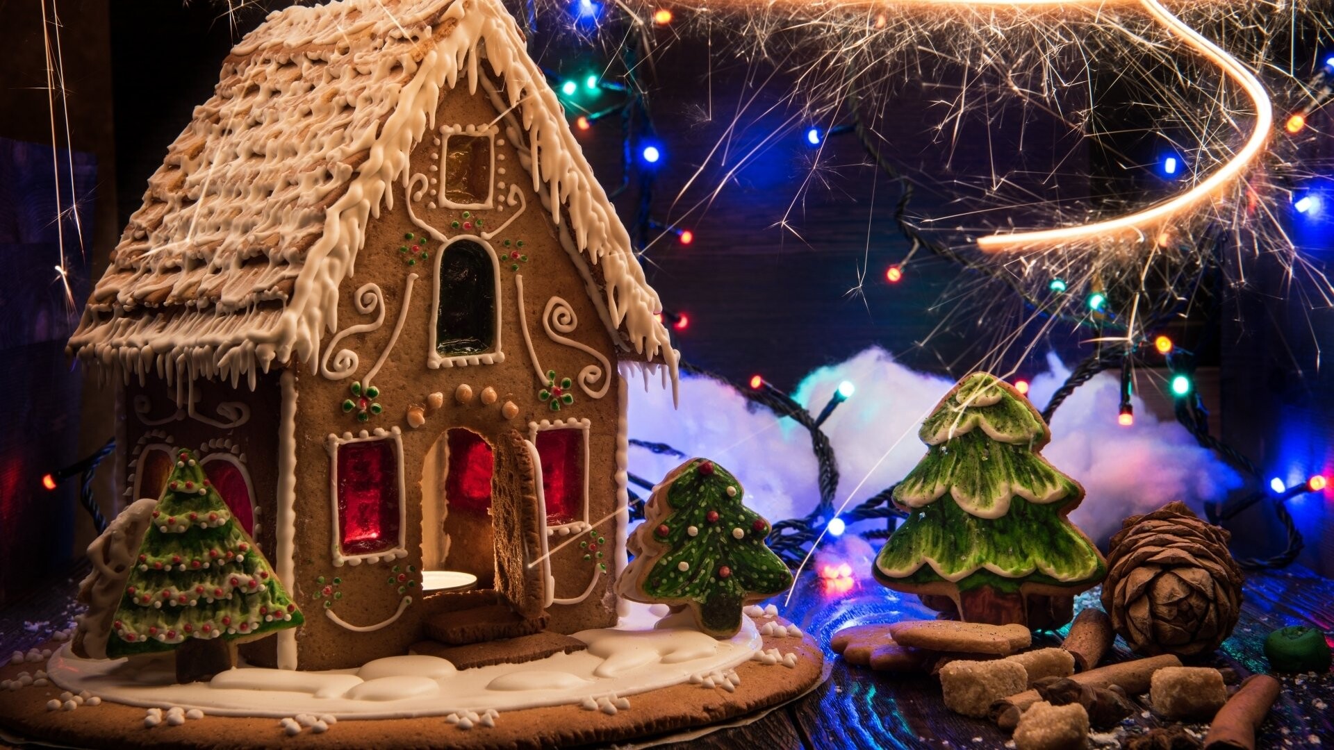Gingerbread House: Christmas tree ornaments, Cookie house, Festive Christmas activities, Bakery. 1920x1080 Full HD Background.
