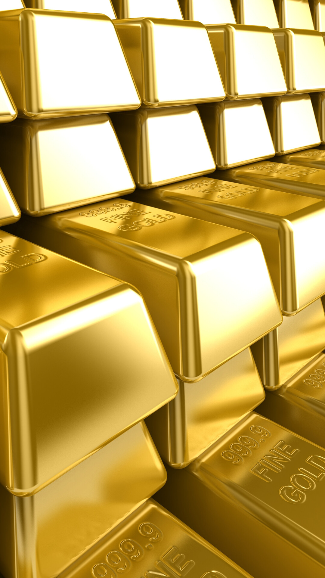 Gold: Gold bullions with a 999.9 millesimal fineness, The pile of shiny gold bars, Symmetry. 1080x1920 Full HD Wallpaper.